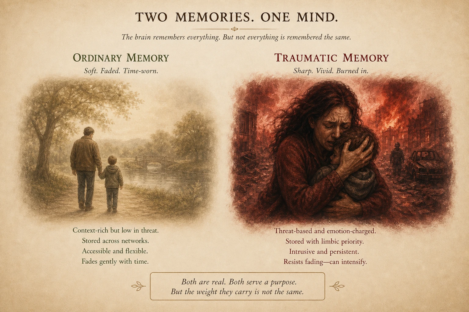 Two memories: one ordinary (soft, faded) and one traumatic (sharp, vivid, burned-in).