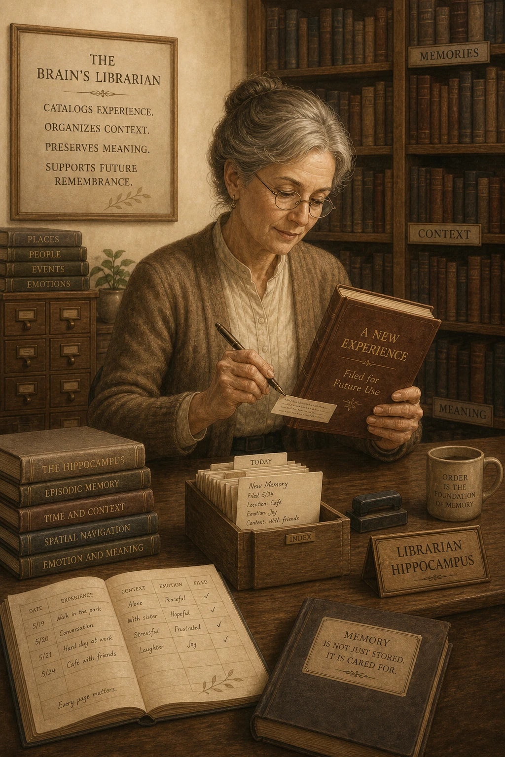 A calm librarian among warm cream-toned shelves, cataloging a new book carefully.
