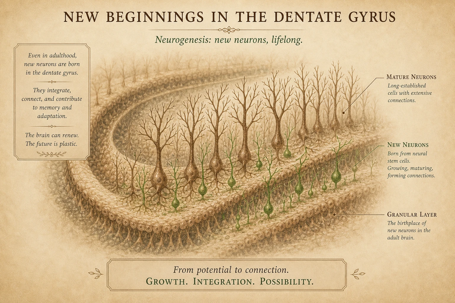 Small green shoots growing among older trees — new neurons emerging in mature tissue.