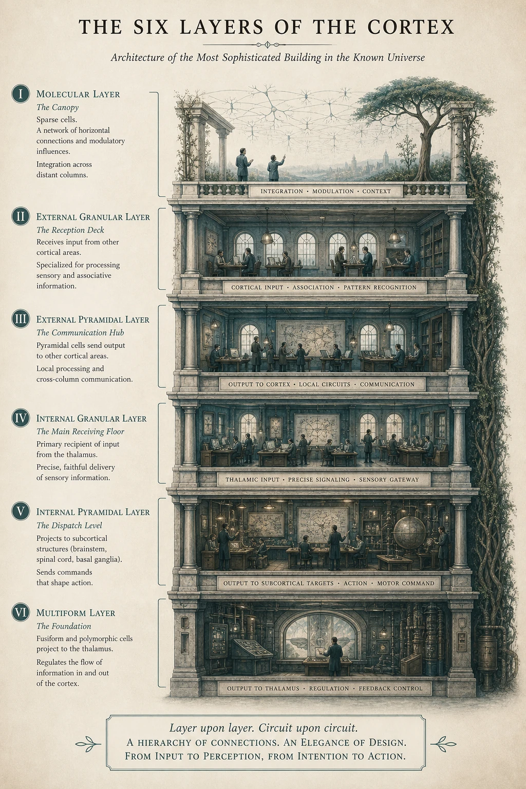 Six cortical layers as architectural strata — a sophisticated building viewed from the side.