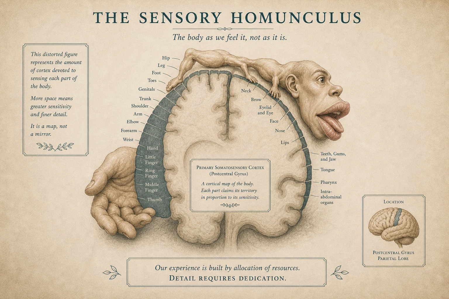 Sensory homunculus — body distorted by sensory representation, hands and lips disproportionately large.