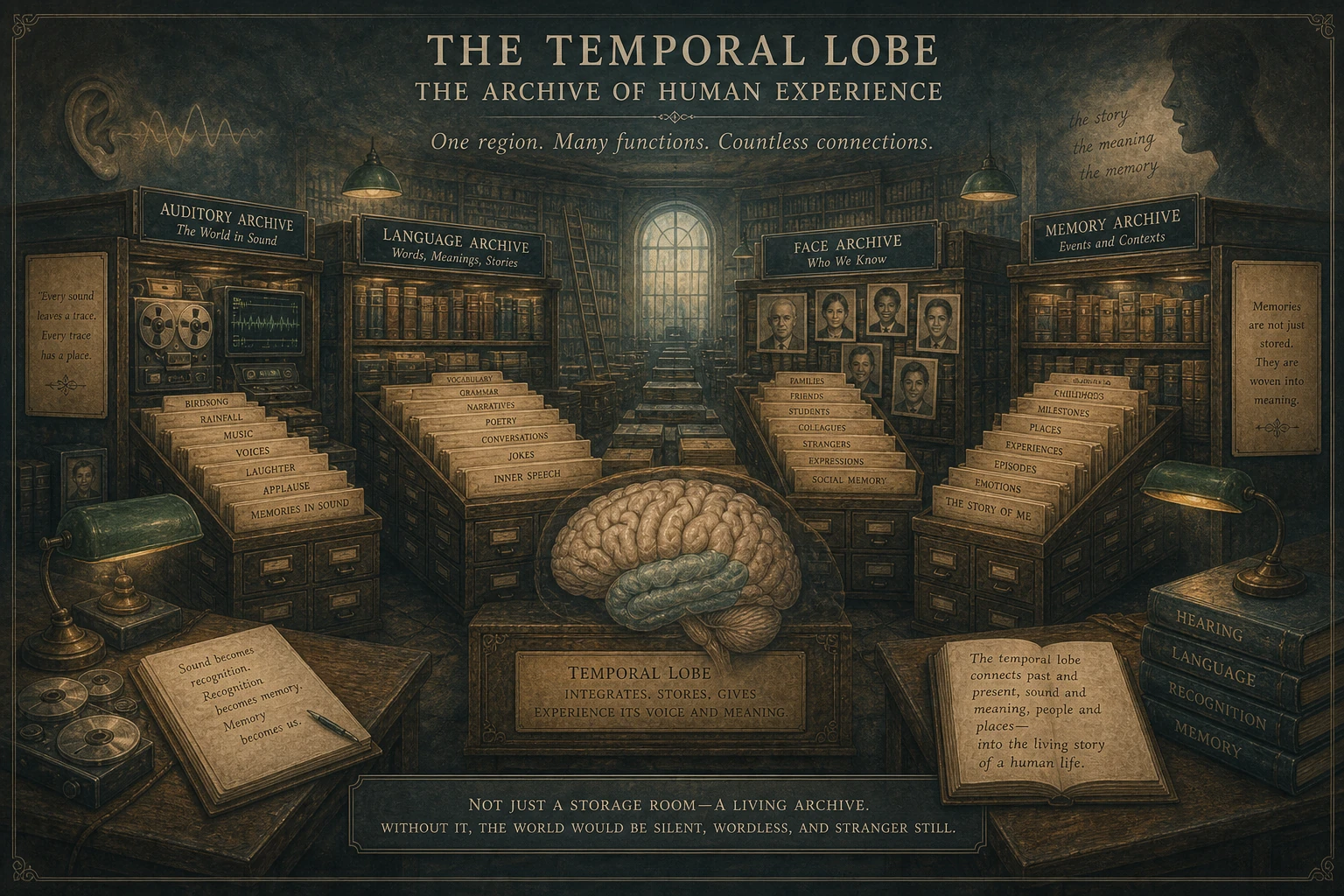 Temporal lobe as a multi-function archive — auditory recordings, language documents, face portraits, memory files together.