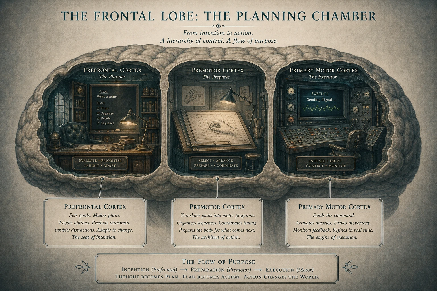 Front of the brain as a planning chamber — subdivisions visible: prefrontal desk, premotor drafting table, motor execution console.