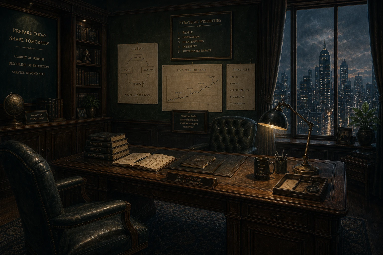 A CEO's office — wooden desk, plans on the wall, window with city view, single lit lamp. Intelligent, deliberate, future-oriented.