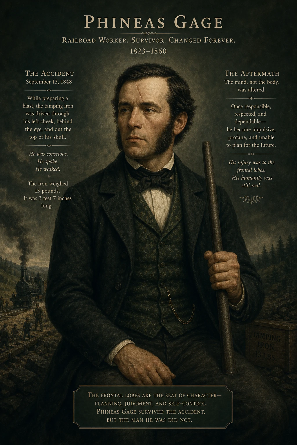 Portrait inspired by Phineas Gage — a 19th-century railway worker, dignified posture, faint scar suggesting the tamping iron's path.