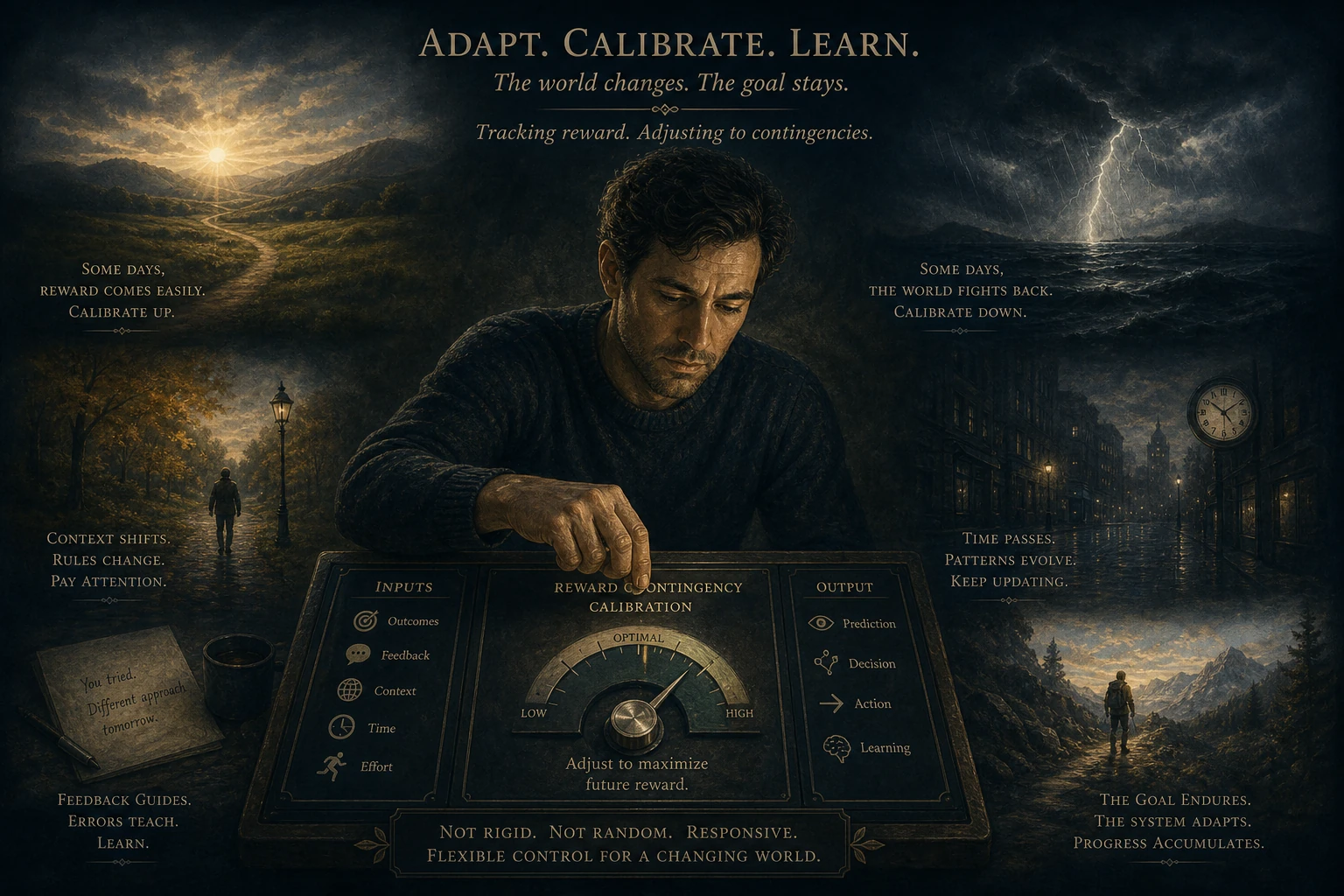 A figure adjusting a small dial as conditions around them change — tracking shifting reward contingencies.