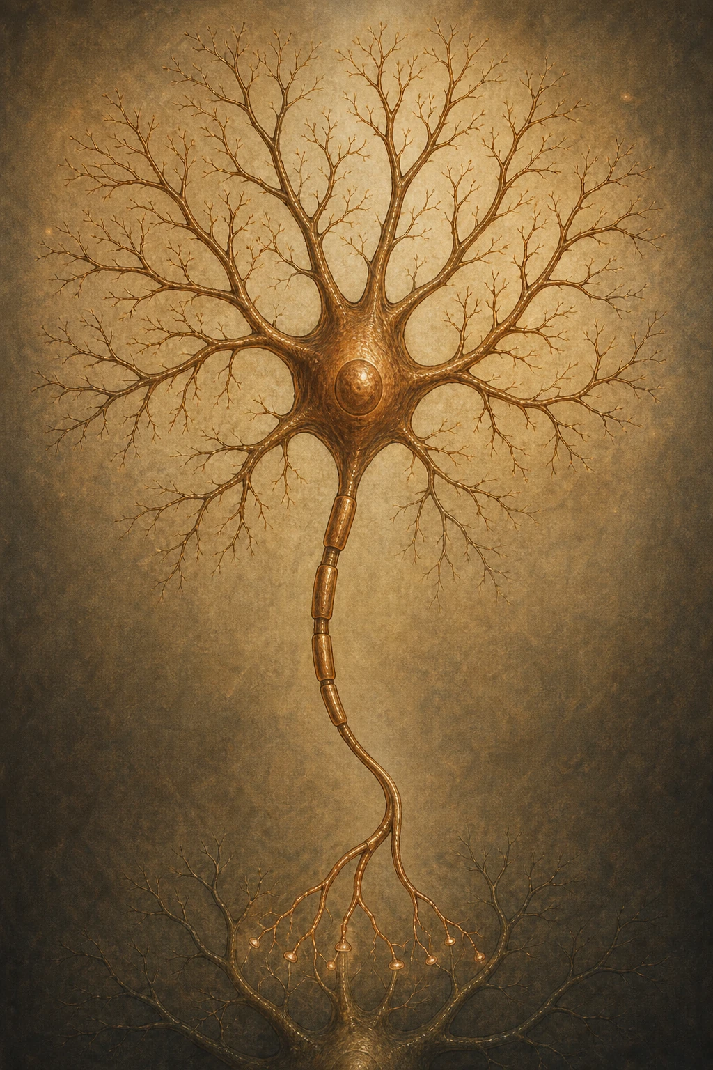 A neuron as a tree — dendrites as branches, soma as trunk, axon as a long descending root.
