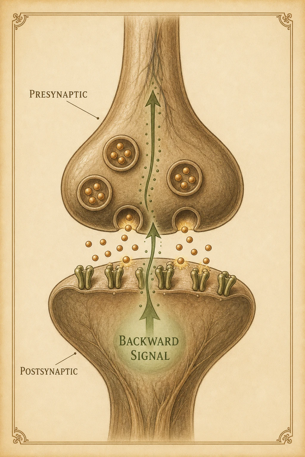 A synapse with a signal traveling backward — postsynaptic to presynaptic, with counter-direction arrows.