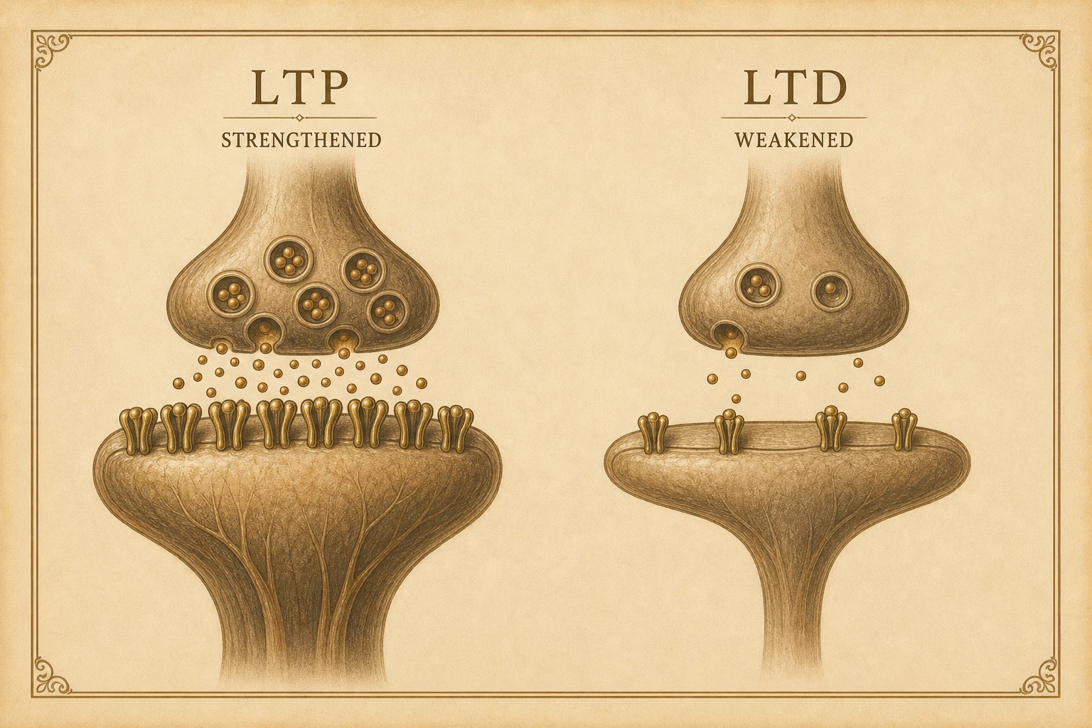 Strengthened synapse (LTP) and weakened synapse (LTD) side-by-side.