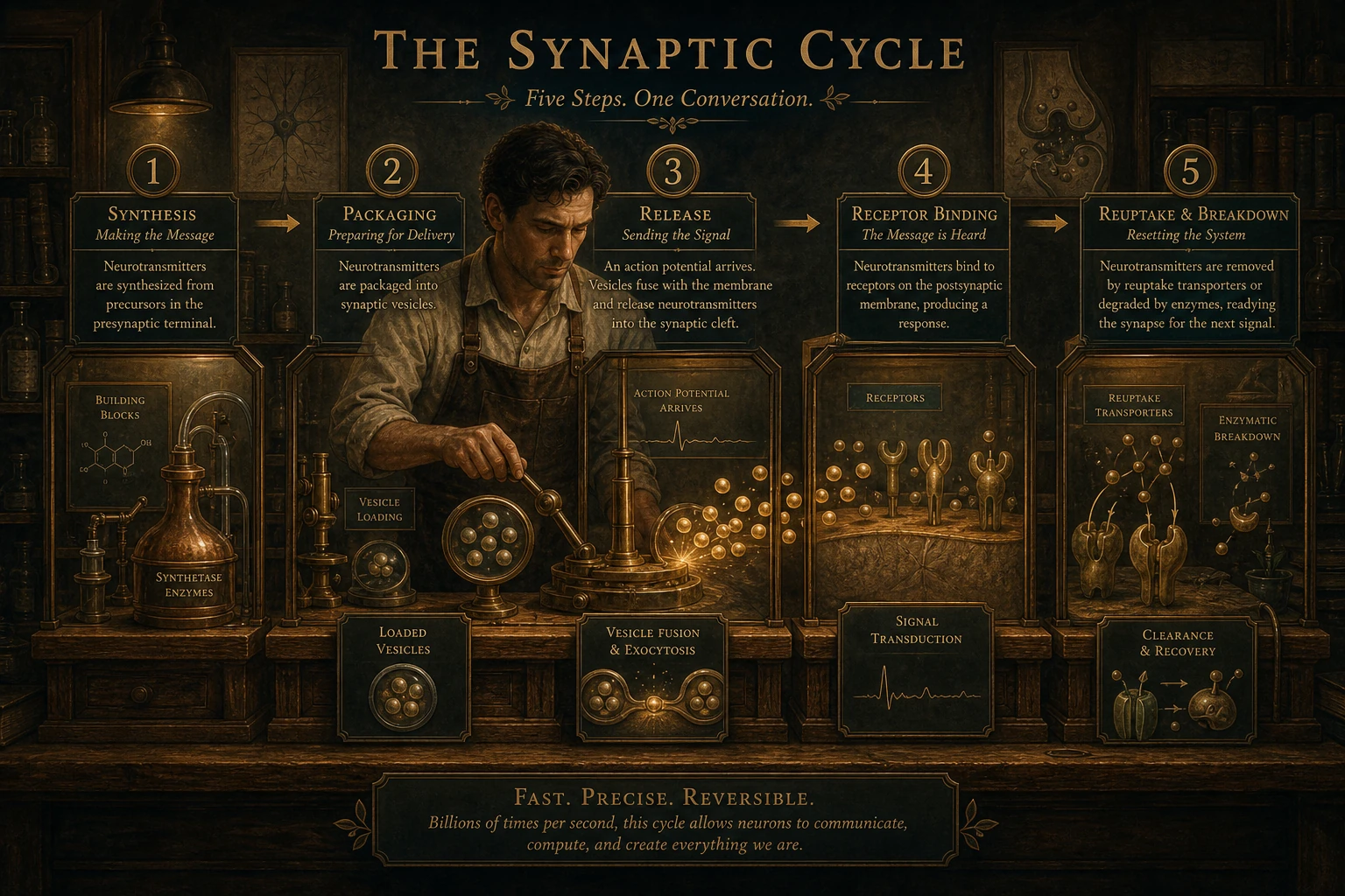 A workshop showing all five stages of the synaptic cycle as separate stations.