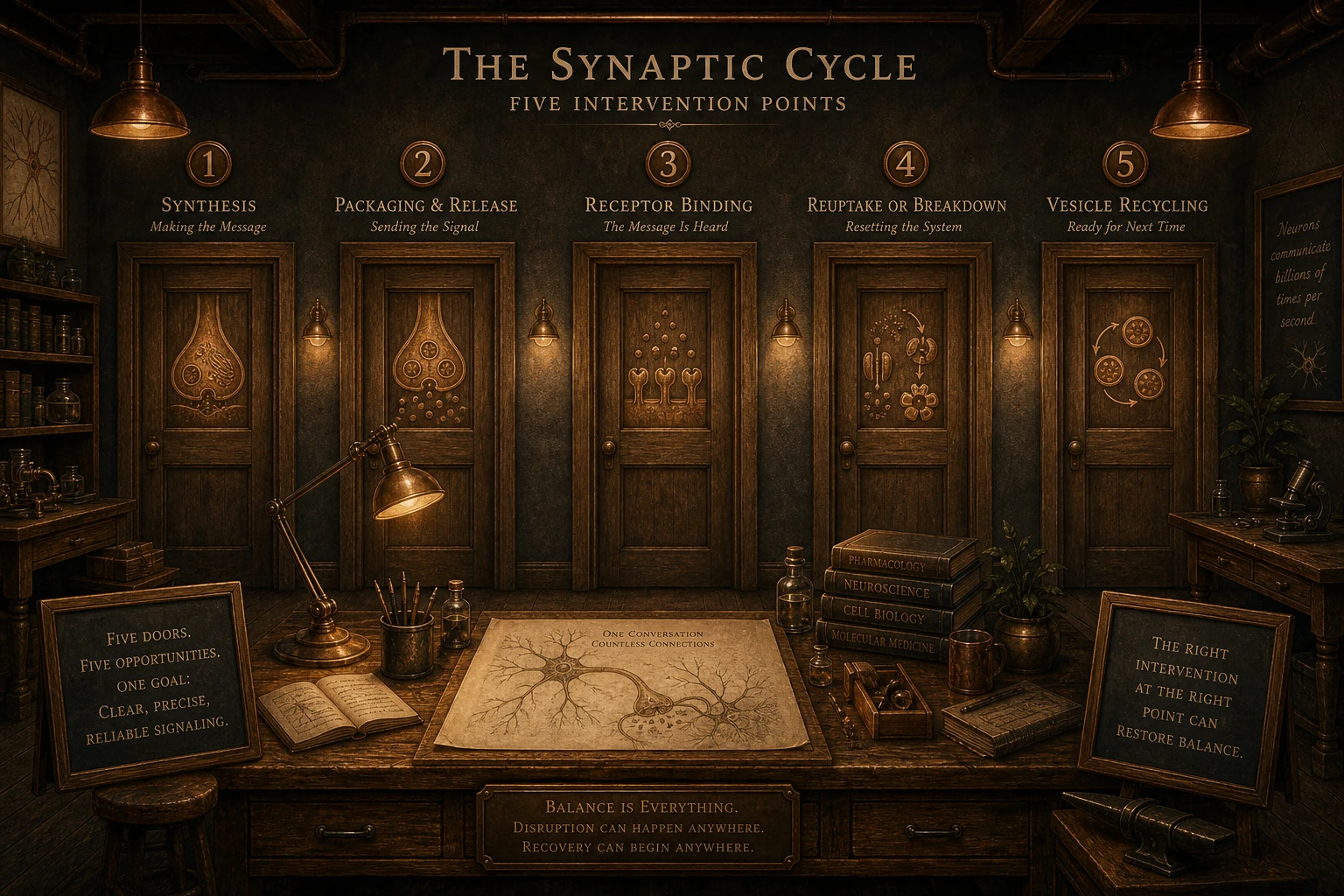 A workshop room with five distinct doors, each labeled with one stage of the synaptic cycle.