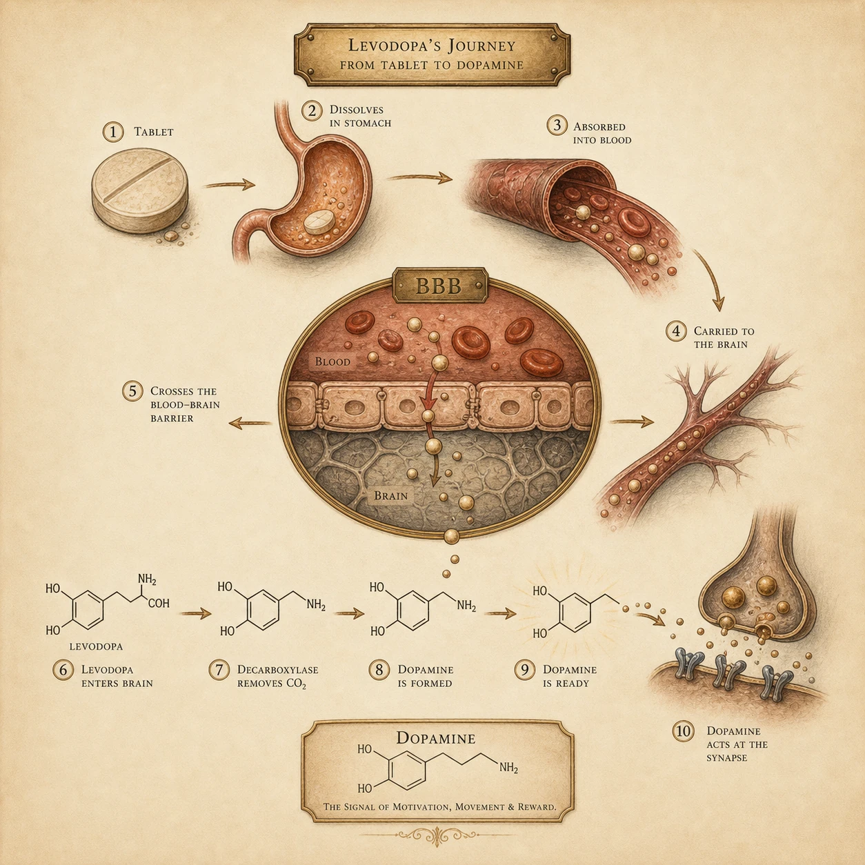 Levodopa's journey: from tablet, through bloodstream, across BBB, into dopamine.