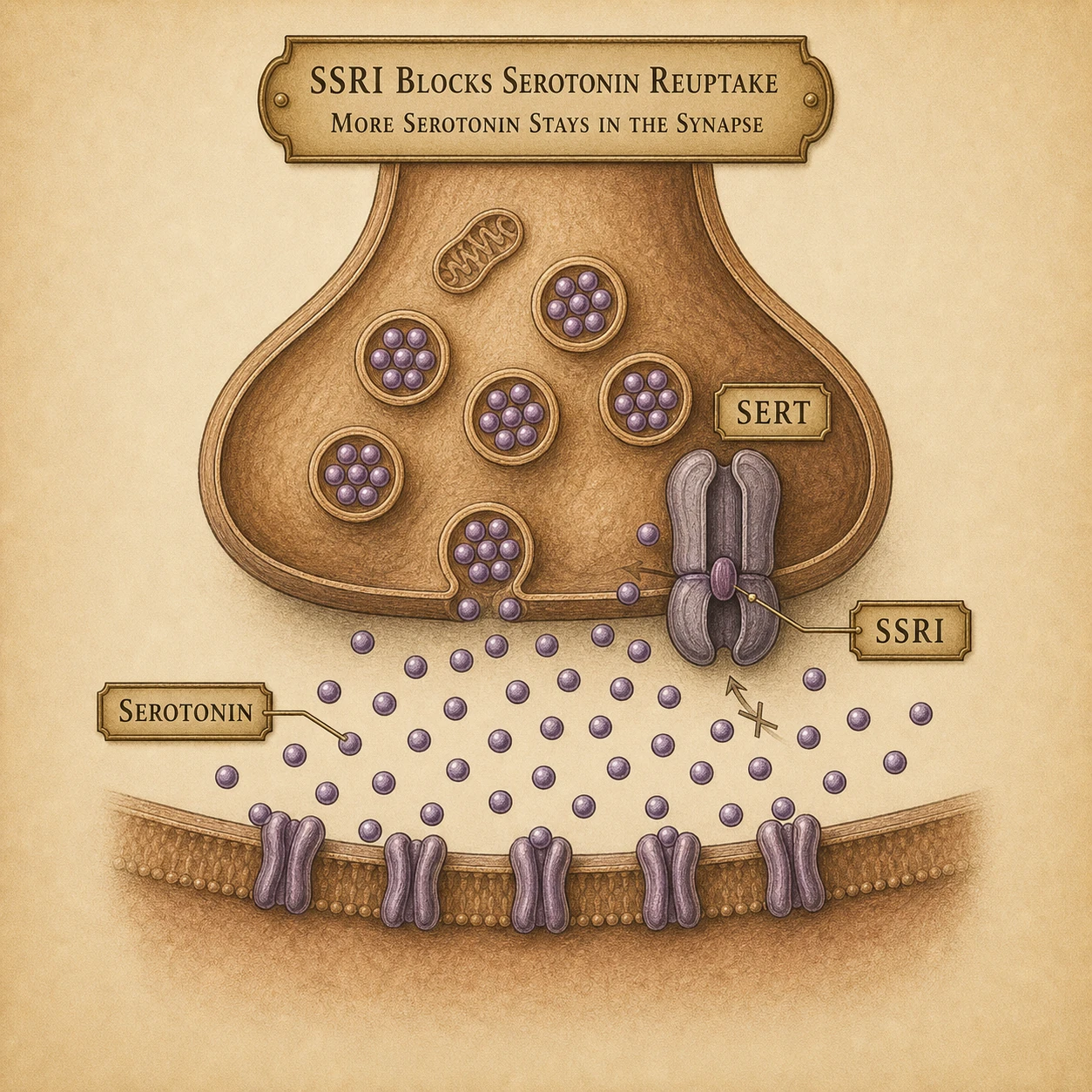 Serotonin reuptake transporter blocked by an SSRI — neurotransmitter accumulates.
