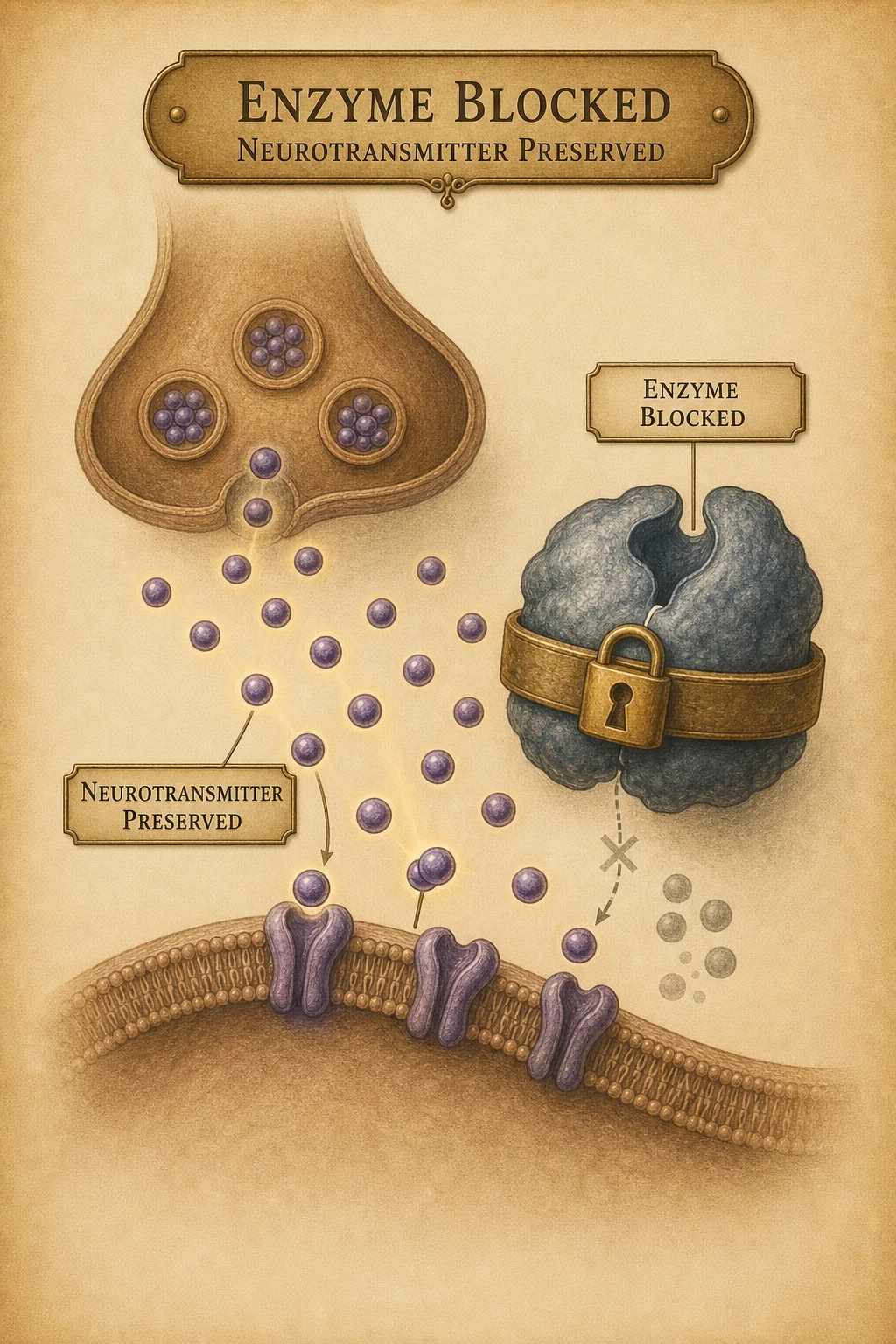 An enzyme that would destroy neurotransmitter — drawn as blocked, inactive.