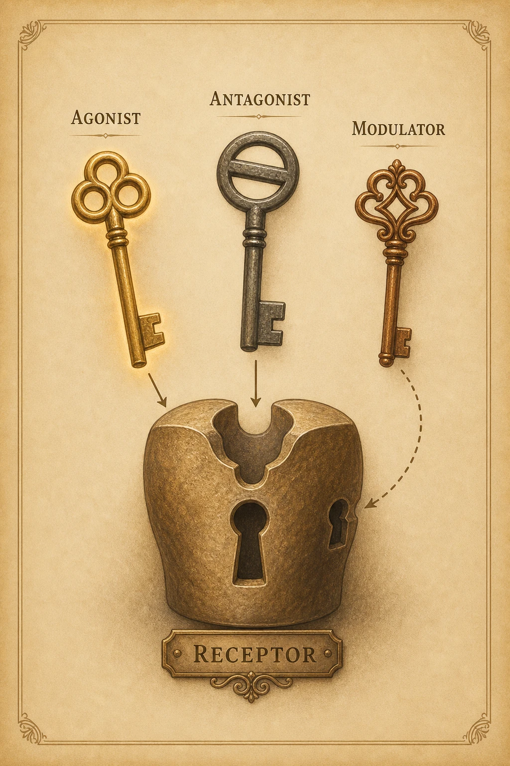 Three keys hovering before the same lock — full agonist, antagonist, allosteric modulator.