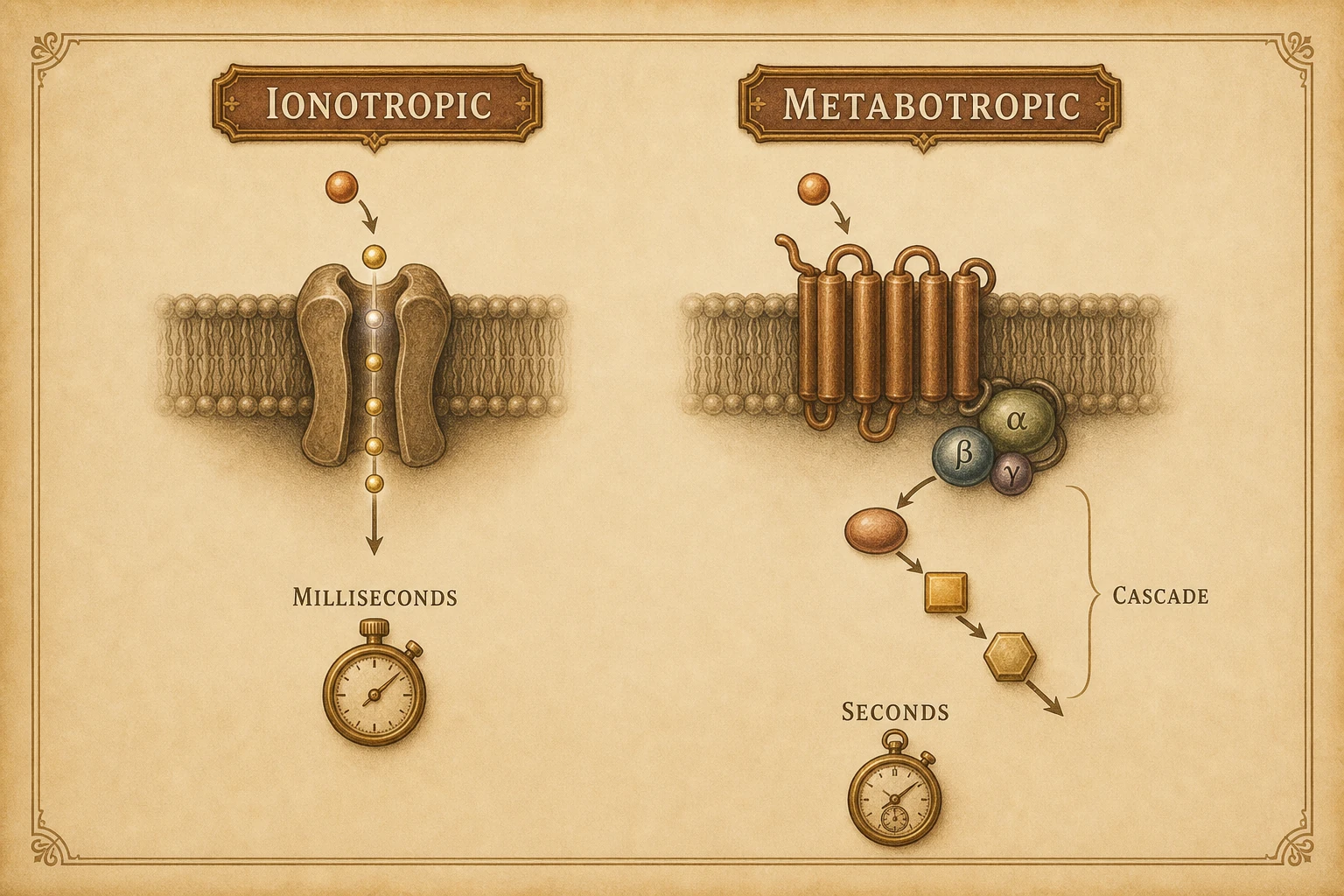 Side-by-side: ionotropic receptor as ion channel vs metabotropic as G-protein-coupled cascade.