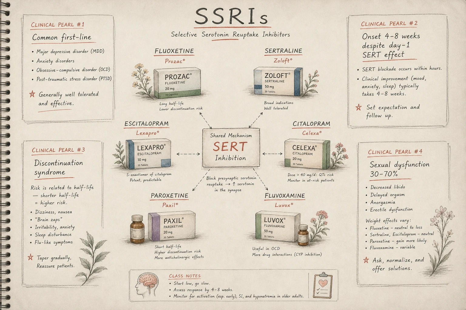The SSRI class: 6 commonly prescribed agents sharing a single mechanism — presynaptic SERT blockade — but differing in half-life, metabolism, and side effect profile.