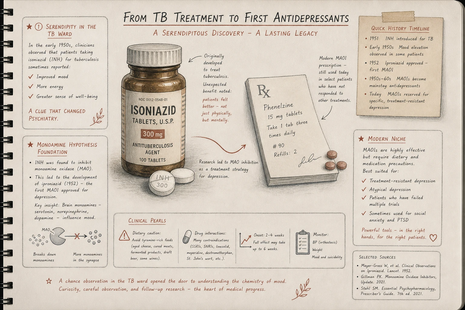MAOIs were the first antidepressants — discovered serendipitously when isoniazid (tuberculosis treatment) was noted to elevate mood. Established the monoamine hypothesis of depression that has shaped psychopharmacology since.