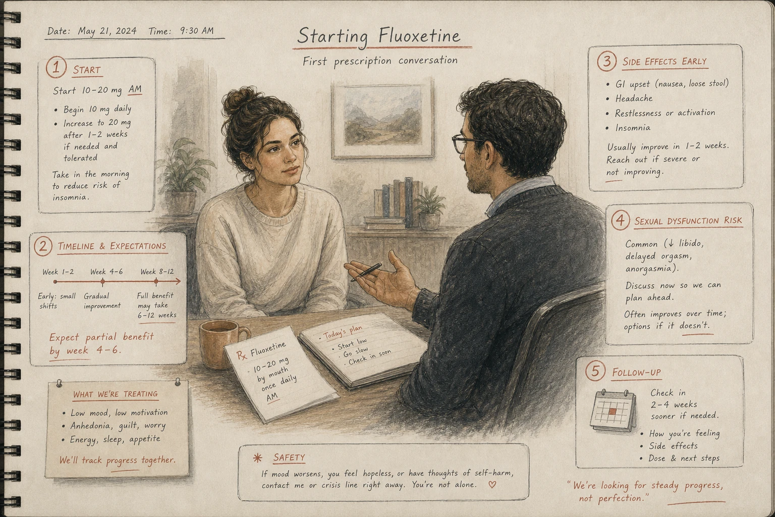 Fluoxetine — the SSRI that established the class. A young adult starting it for major depression; the patient and clinician anticipate the 4-6 week timeline.