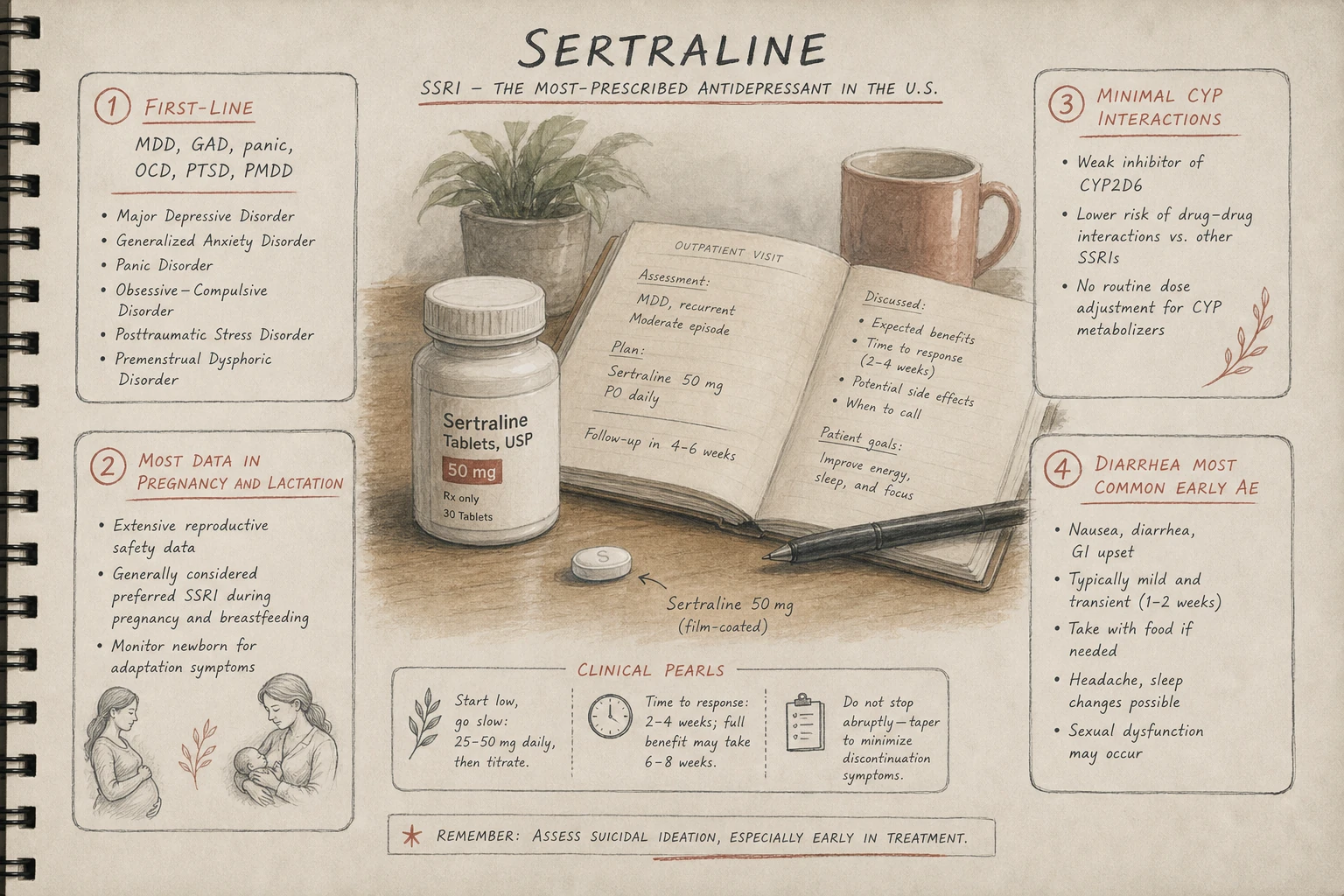 Sertraline — the most-prescribed antidepressant in the US, reflecting its generally favorable balance of efficacy and tolerability across multiple indications.