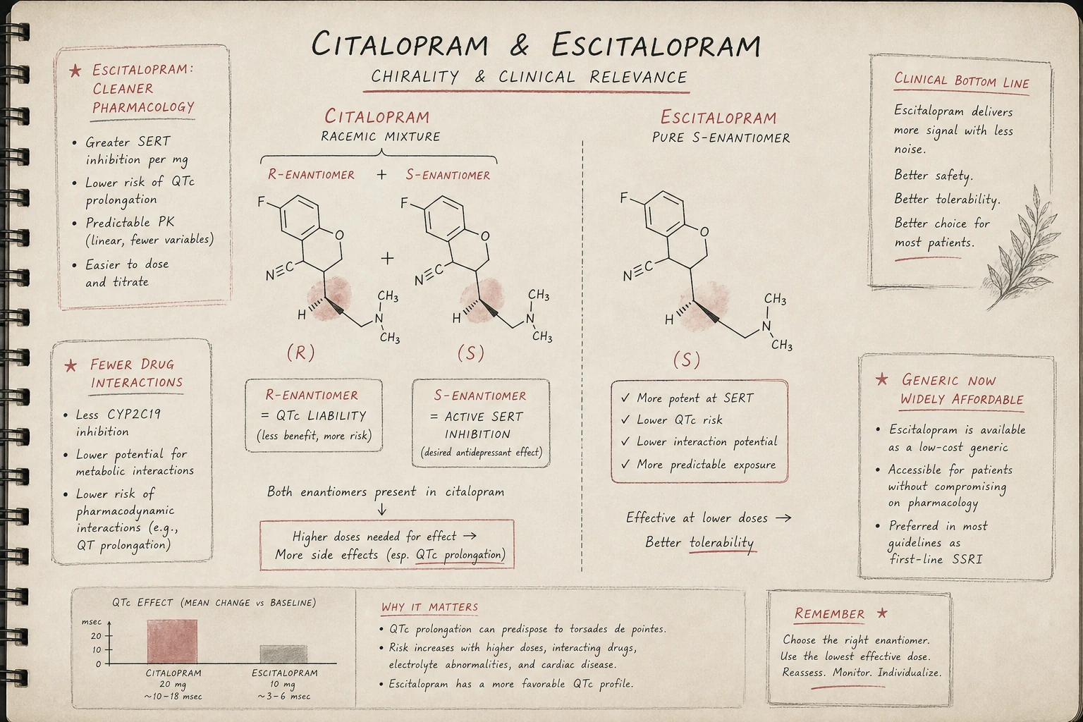 Citalopram (racemic) vs escitalopram (pure S-enantiomer): the S form provides the SERT inhibition; the R form may dilute efficacy and contribute to QTc effect. Escitalopram is the cleaner version.