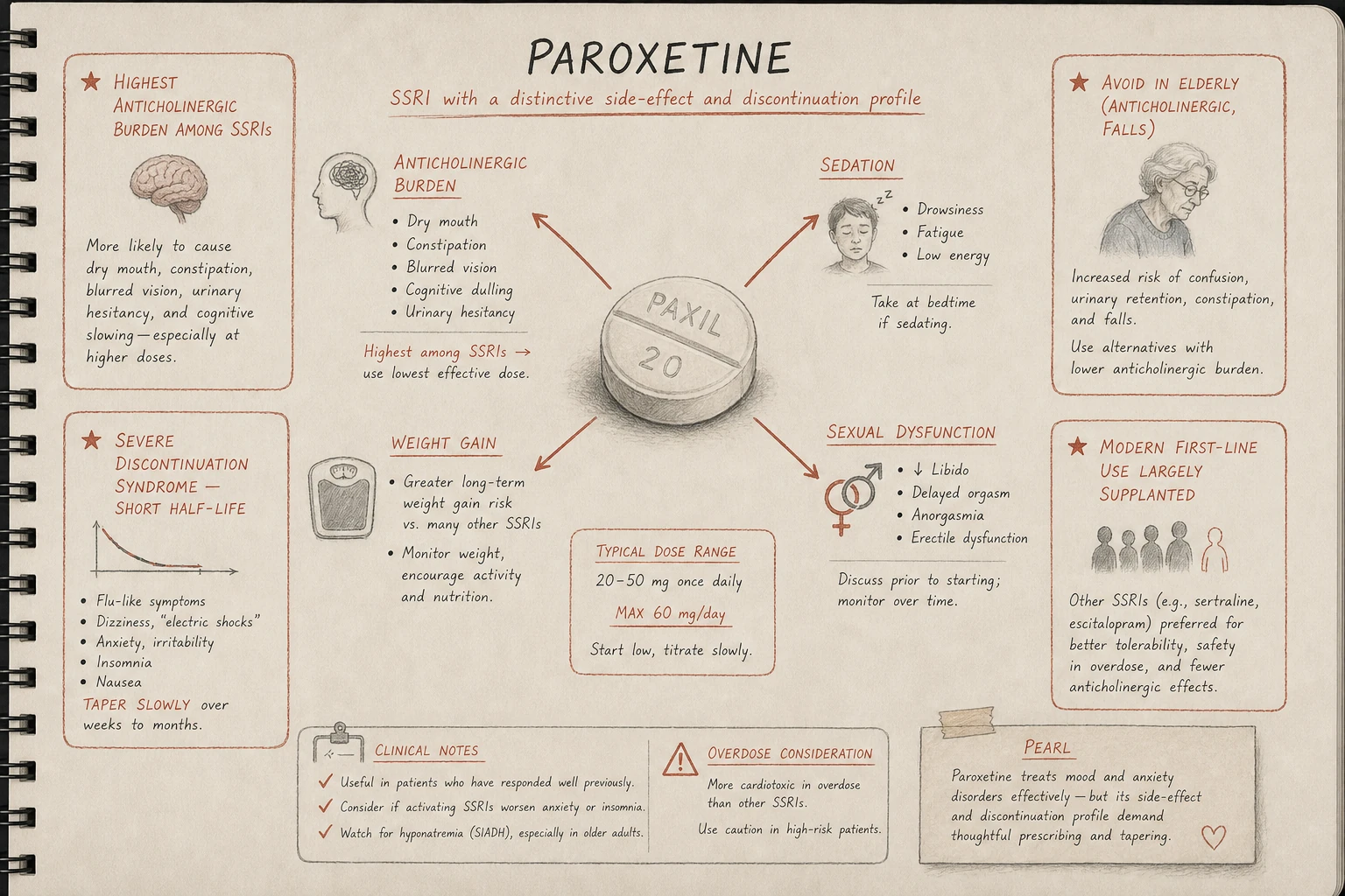 Paroxetine has the most prominent side effect profile of SSRIs — anticholinergic effects, sedation, weight gain, and the highest rate of sexual dysfunction. Discontinuation syndrome is severe due to short half-life.