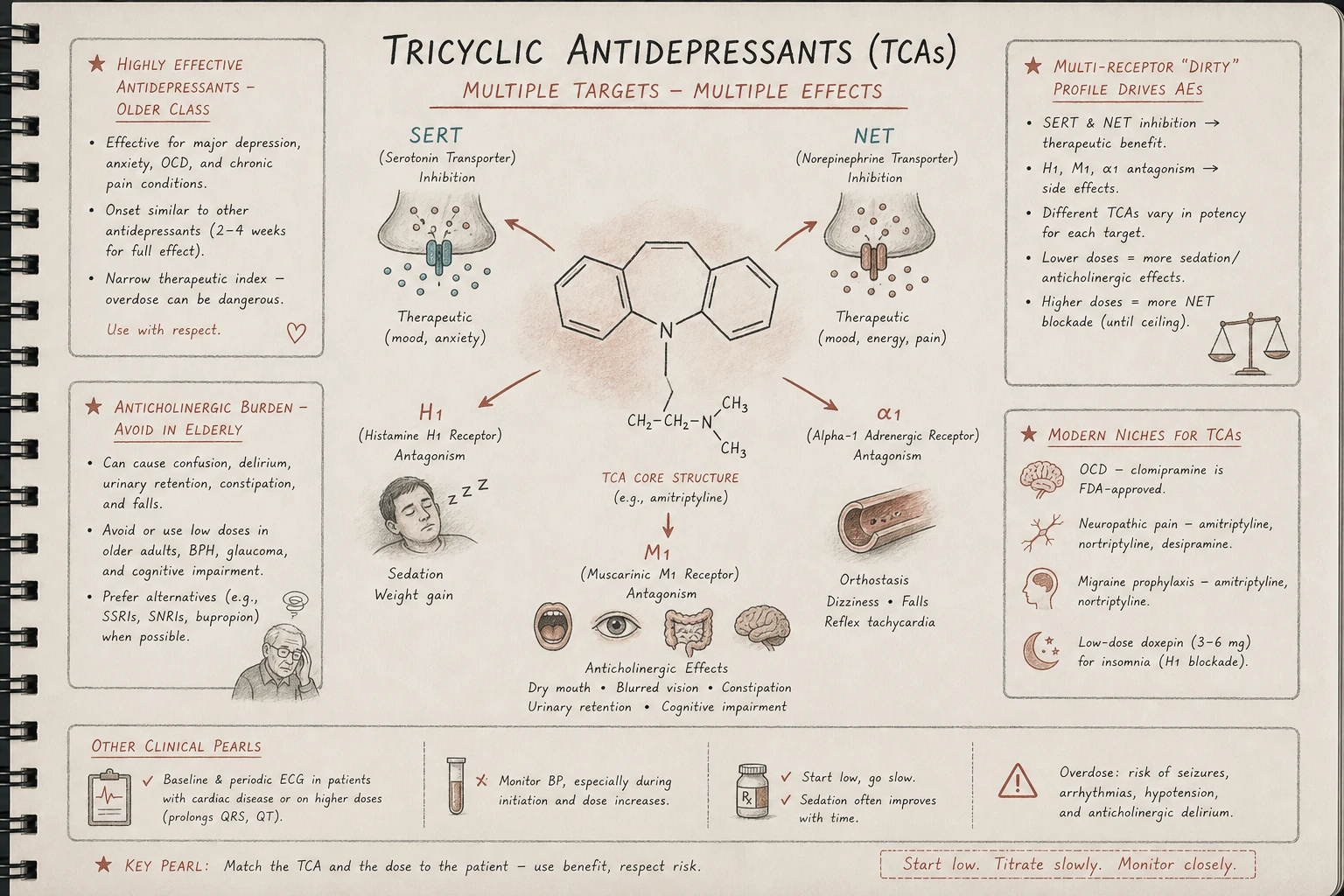 TCAs have "dirty" receptor profile: therapeutic SERT/NET reuptake blockade plus H1 (sedation), M1 (anticholinergic), alpha-1 (orthostasis) effects driving side effects. The same dirtiness enables varied off-label uses.