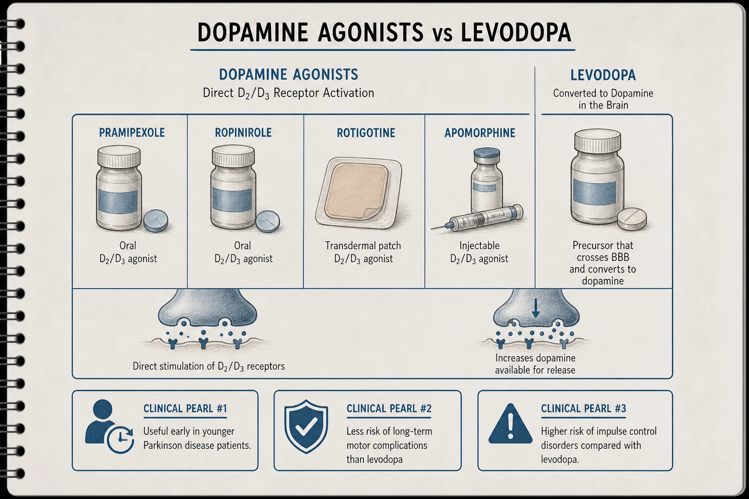 Dopamine agonist strategy: direct D2/D3 activation, longer duration than levodopa, less risk of long-term motor complications. Useful early disease, particularly in younger patients. Trade-off: impulse control disorders.