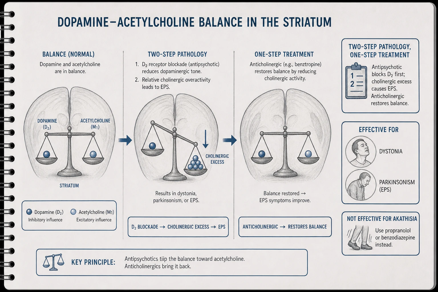 Dopamine-ACh balance in striatum: D2 blockade tilts the balance toward cholinergic excess → EPS. Anticholinergics restore balance by reducing ACh signaling. Two-step pathology, one-step treatment.