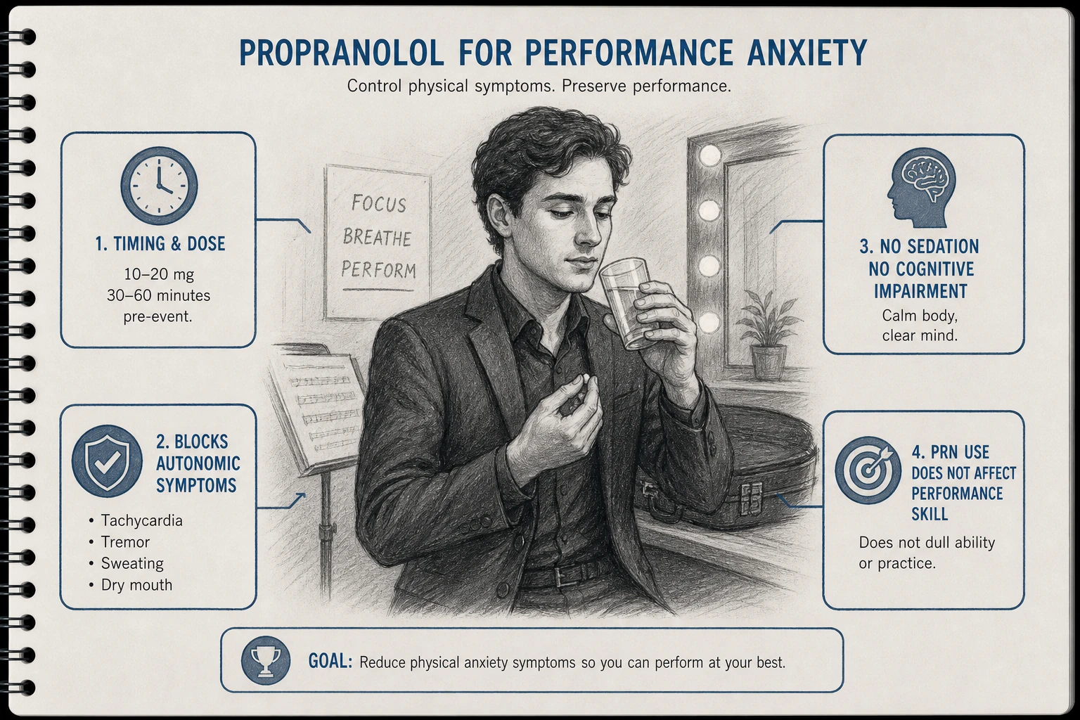 Performance anxiety: propranolol 10-20 mg 30-60 minutes before public speaking, performance, exam. Blocks autonomic symptoms (tachycardia, tremor, sweating) without sedation or cognitive impairment. Highly effective for situational anxiety.