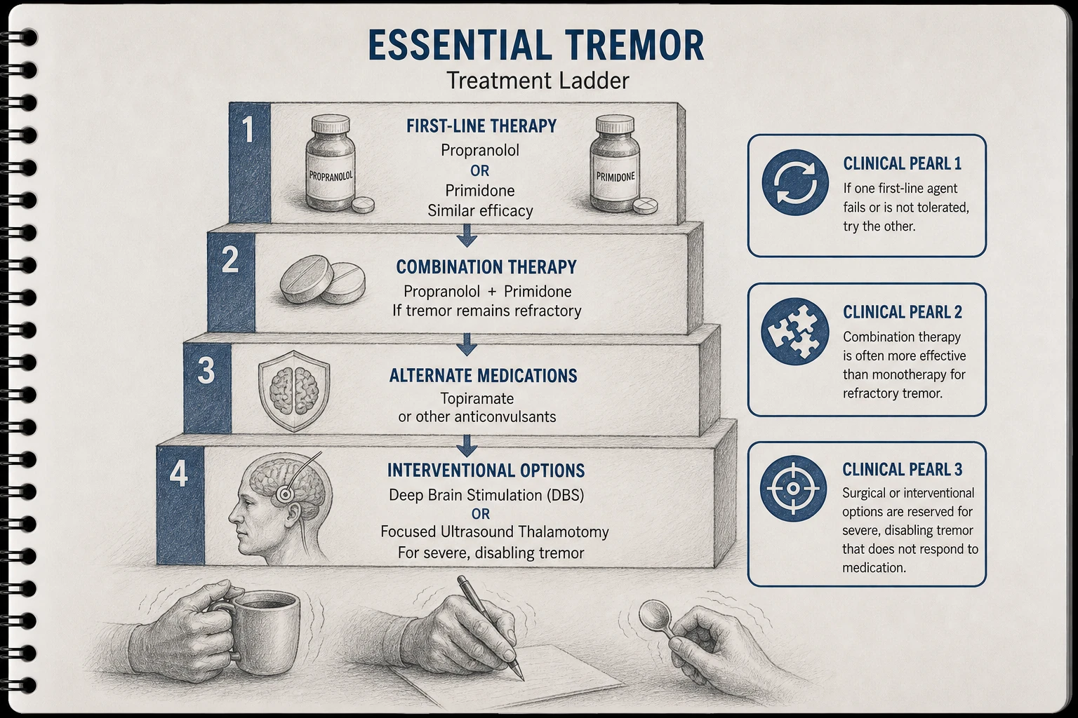 Essential tremor treatment ladder: propranolol or primidone first-line (similar efficacy). If one fails, try the other; if both fail, combination. Topiramate or other anticonvulsants third-line.