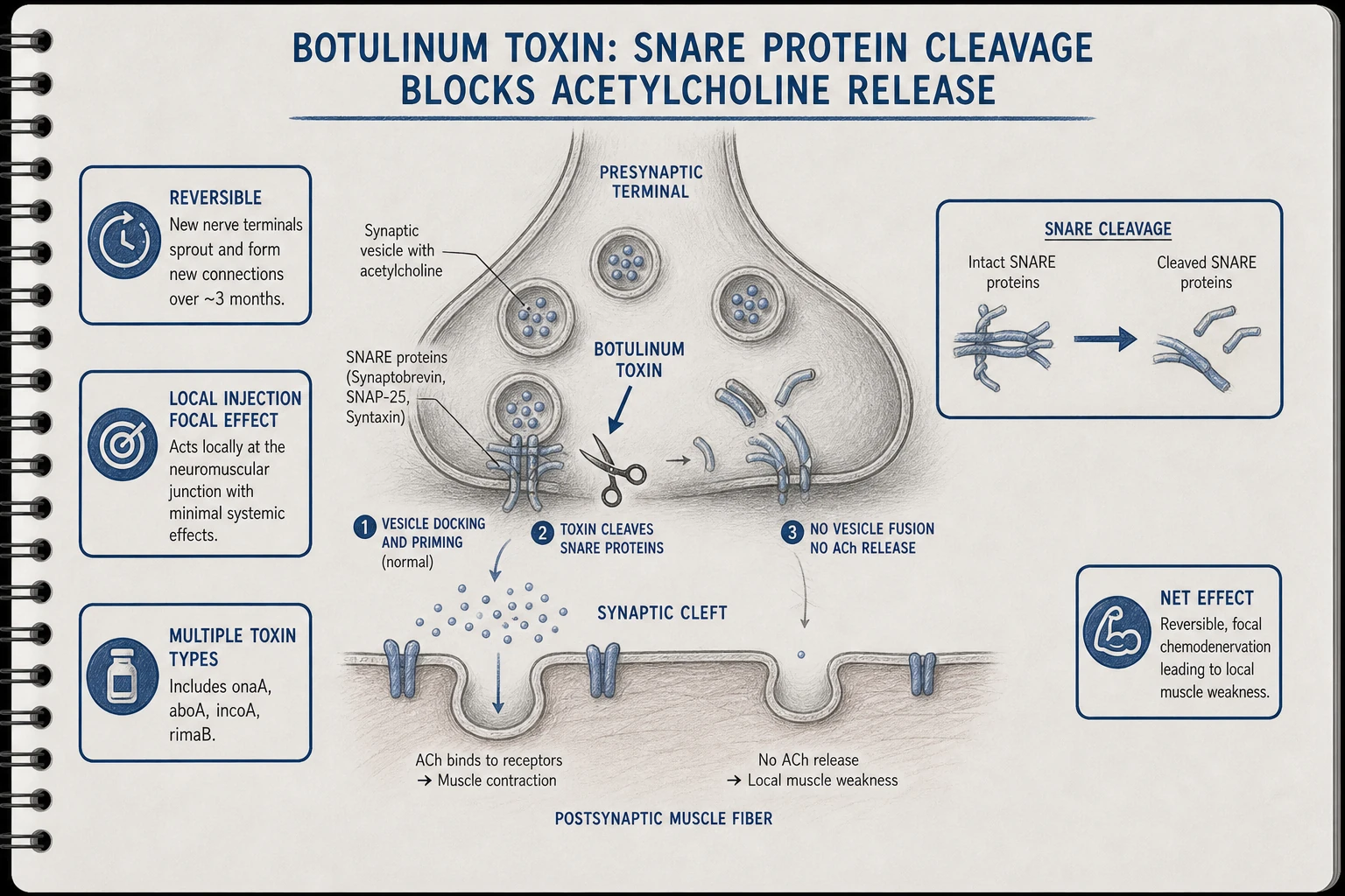 Botulinum toxin mechanism: cleaves SNARE proteins required for vesicle fusion at presynaptic terminal → blocks ACh release at NMJ → reversible muscle weakness. New terminals sprout over months, restoring function.