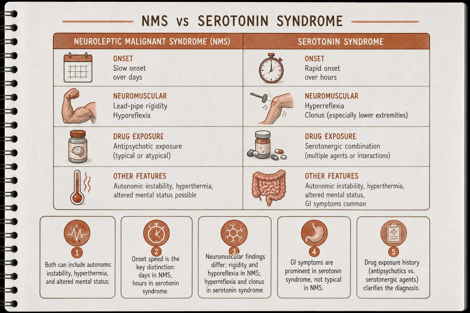 Side-by-side: NMS — slow onset (days), lead-pipe rigidity, hyporeflexia, antipsychotic exposure. Serotonin syndrome — rapid onset (hours), hyperreflexia, clonus, serotonergic drug combination. Both: autonomic instability, hyperthermia, altered mental status.