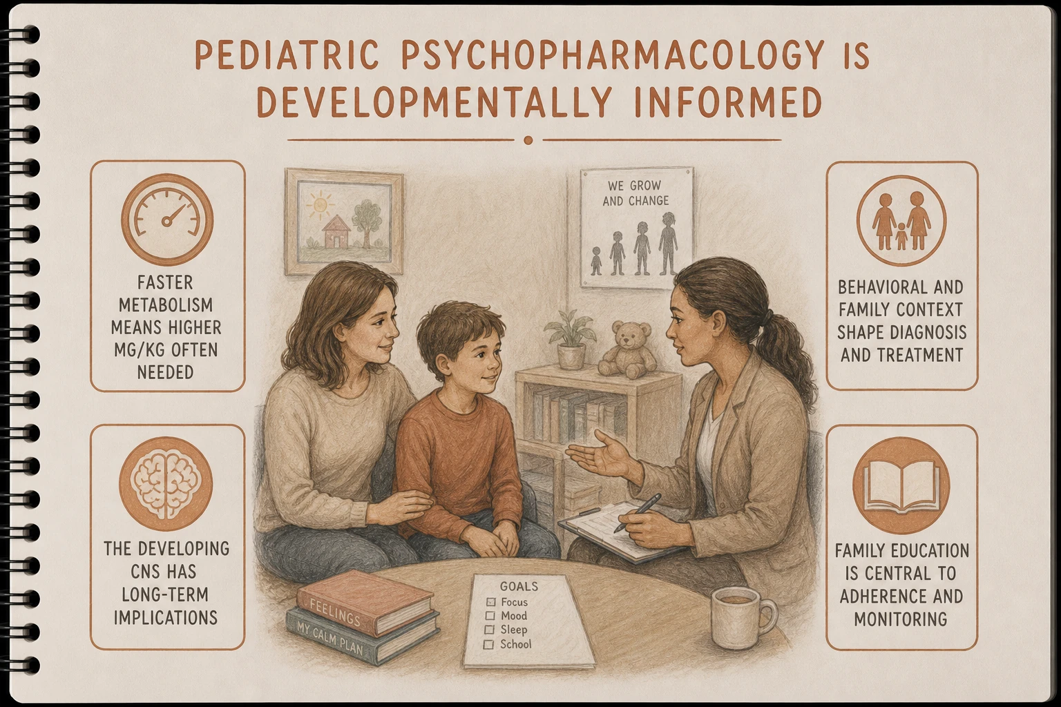 Developmental pharmacology: children metabolize many drugs faster than adults (higher mg/kg requirements), CNS still developing (medication effects may have long-term implications), behavioral context shapes both diagnosis and treatment.