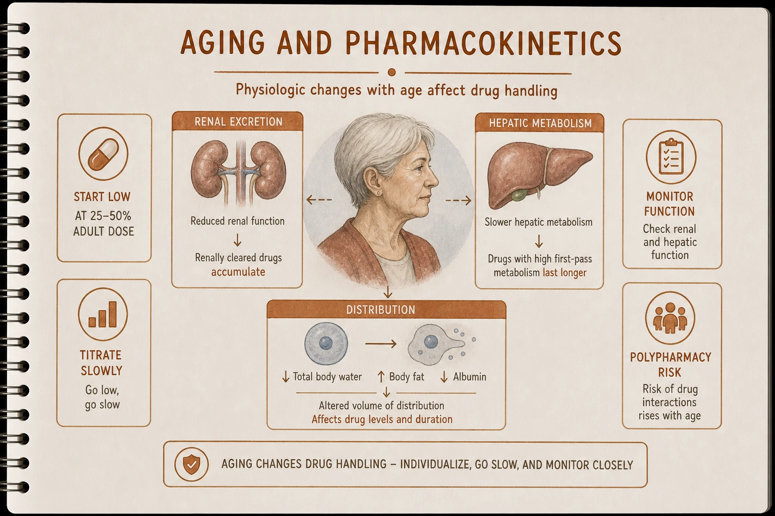 Aging pharmacokinetics: reduced renal function (drugs cleared renally accumulate — lithium, gabapentin, paliperidone), slower hepatic metabolism (longer effect for many drugs), altered distribution (more fat → lipophilic drugs accumulate).