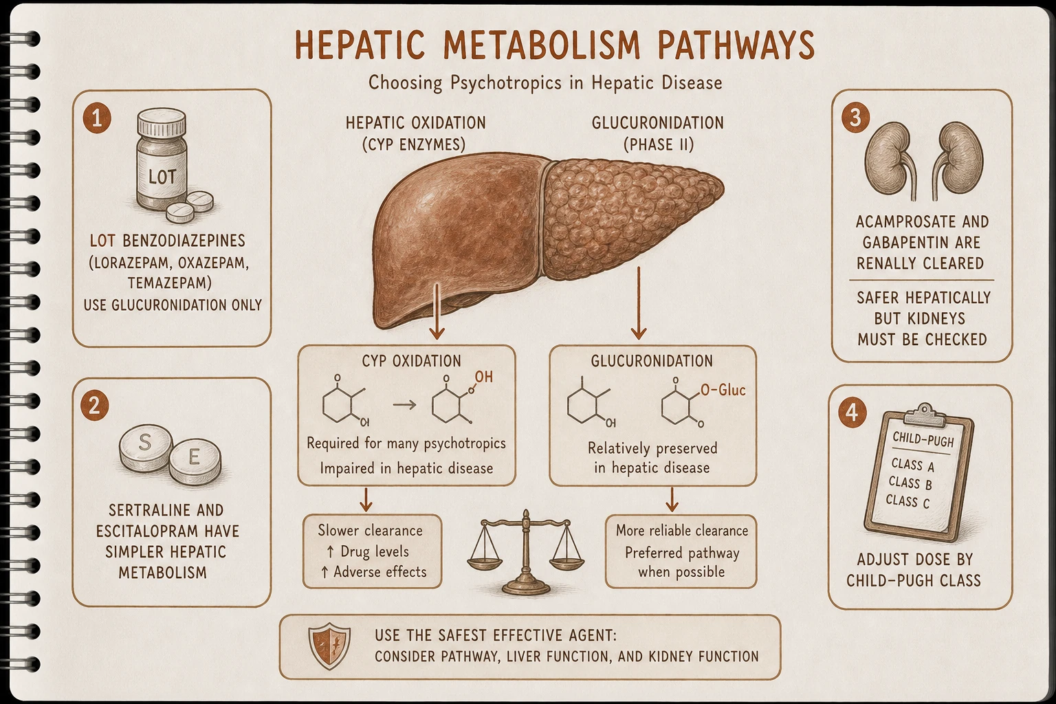 Metabolism pathways: CYP oxidation (impaired in hepatic disease) vs glucuronidation (relatively preserved). Drugs metabolized only by glucuronidation (lorazepam, oxazepam, temazepam — "LOT") safer in hepatic impairment.