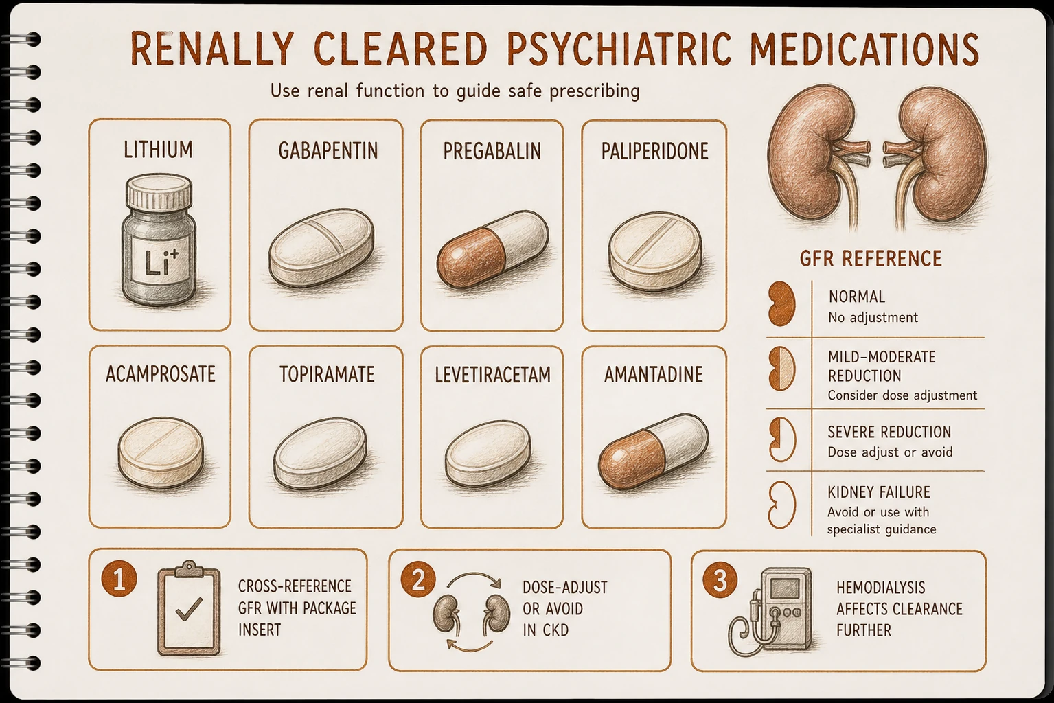 Renally cleared psychiatric drugs requiring dose adjustment in CKD: lithium (major), gabapentin, pregabalin, paliperidone, levetiracetam, acamprosate, topiramate. Cross-reference GFR with package insert.