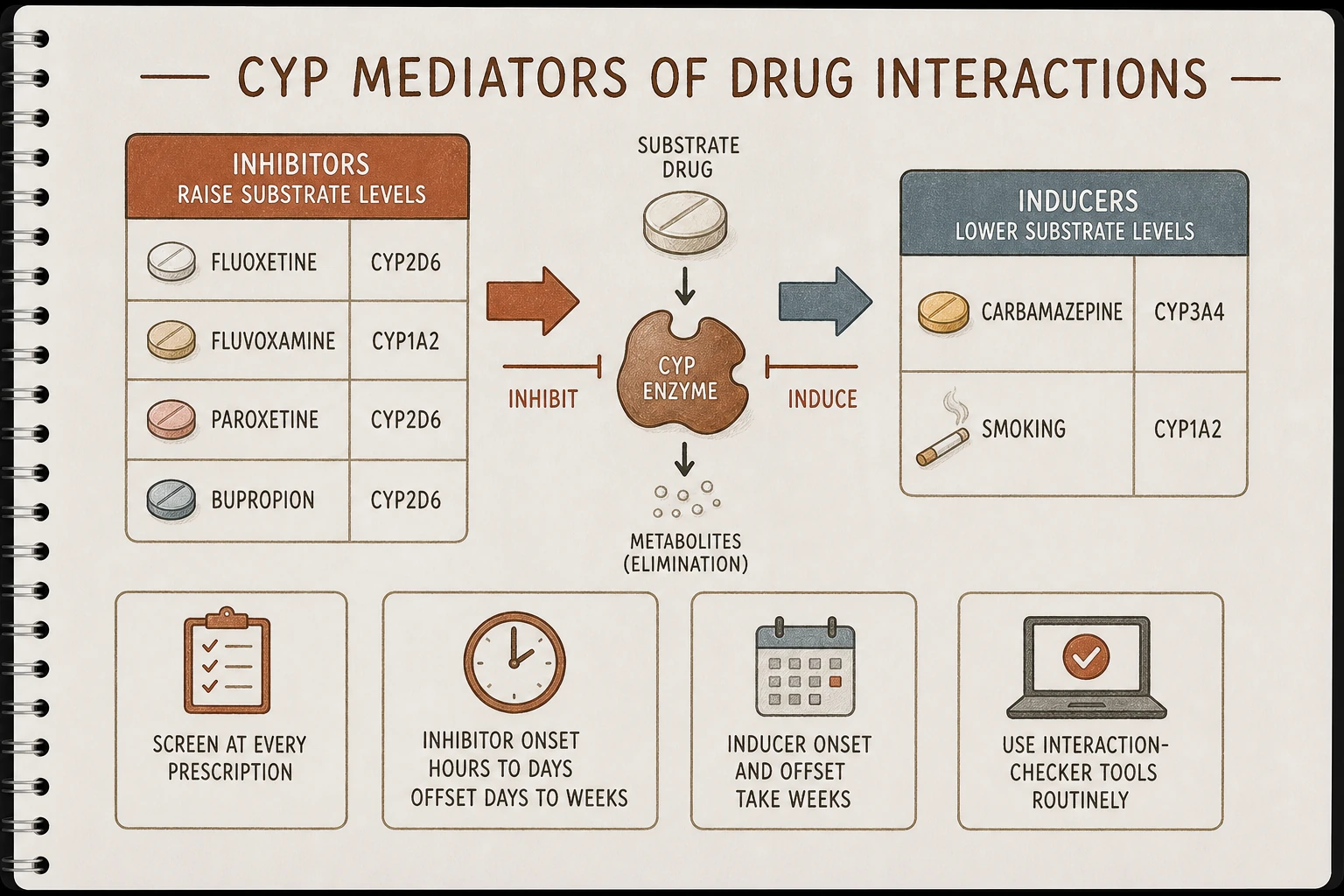 CYP interactions: inhibitors (fluoxetine 2D6, fluvoxamine 1A2, paroxetine 2D6, bupropion 2D6) raise substrate levels — toxicity risk. Inducers (carbamazepine 3A4, smoking 1A2) lower substrate levels — efficacy loss.