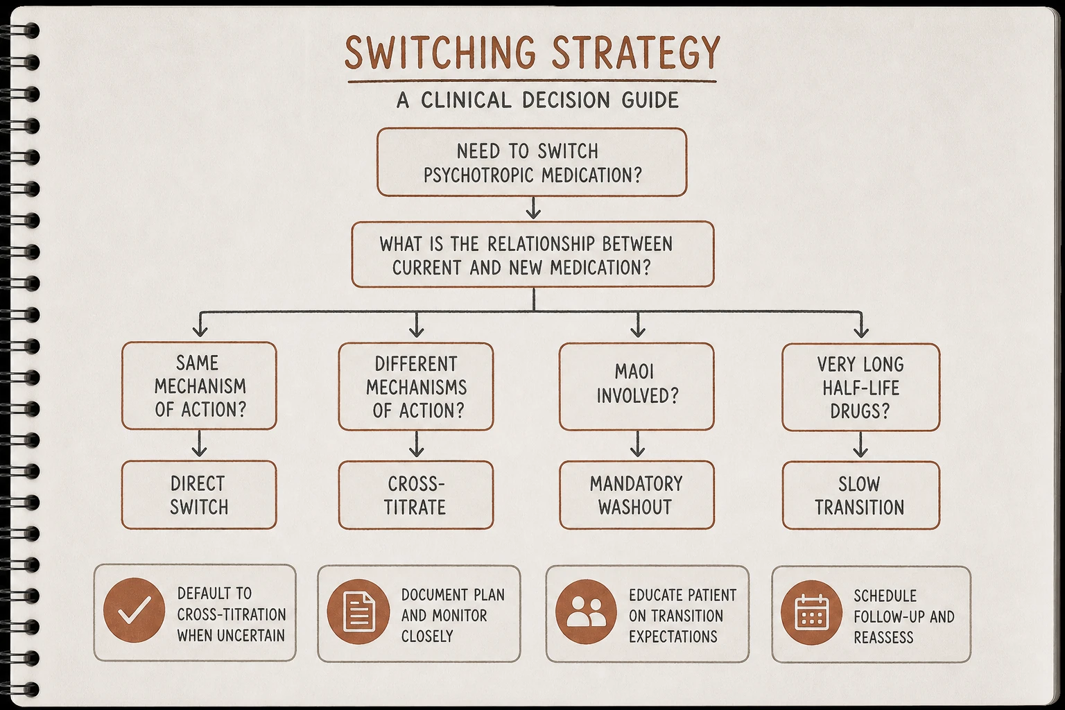 Strategy selection: same mechanism = direct switch okay; different mechanisms = cross-titrate; MAOI involved = mandatory washout; very long half-life drugs require slow transitions.