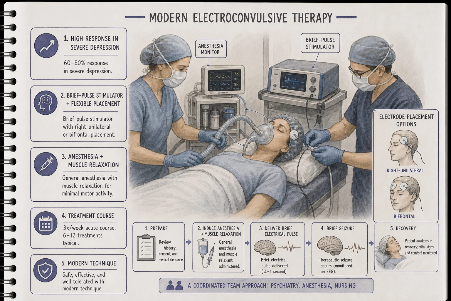 Modern ECT: patient under general anesthesia with muscle relaxation; brief electrical pulses induce seizure; minimal motor activity visible. Far from the public perception based on outdated portrayals.