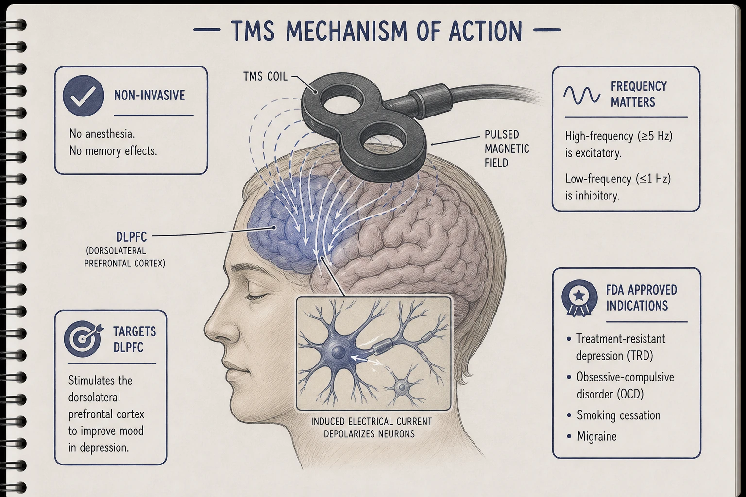 TMS mechanism: magnetic coil over scalp produces focal magnetic field → induces electrical current in cortex below → depolarizes neurons → local and network effects. Targets dorsolateral PFC for depression.