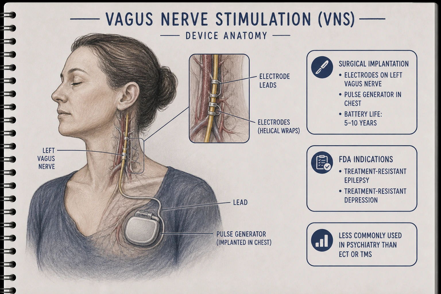VNS device: pulse generator implanted subcutaneously in chest; electrodes wrapped around left cervical vagus nerve. Surgically placed; battery requires replacement every 5-10 years.