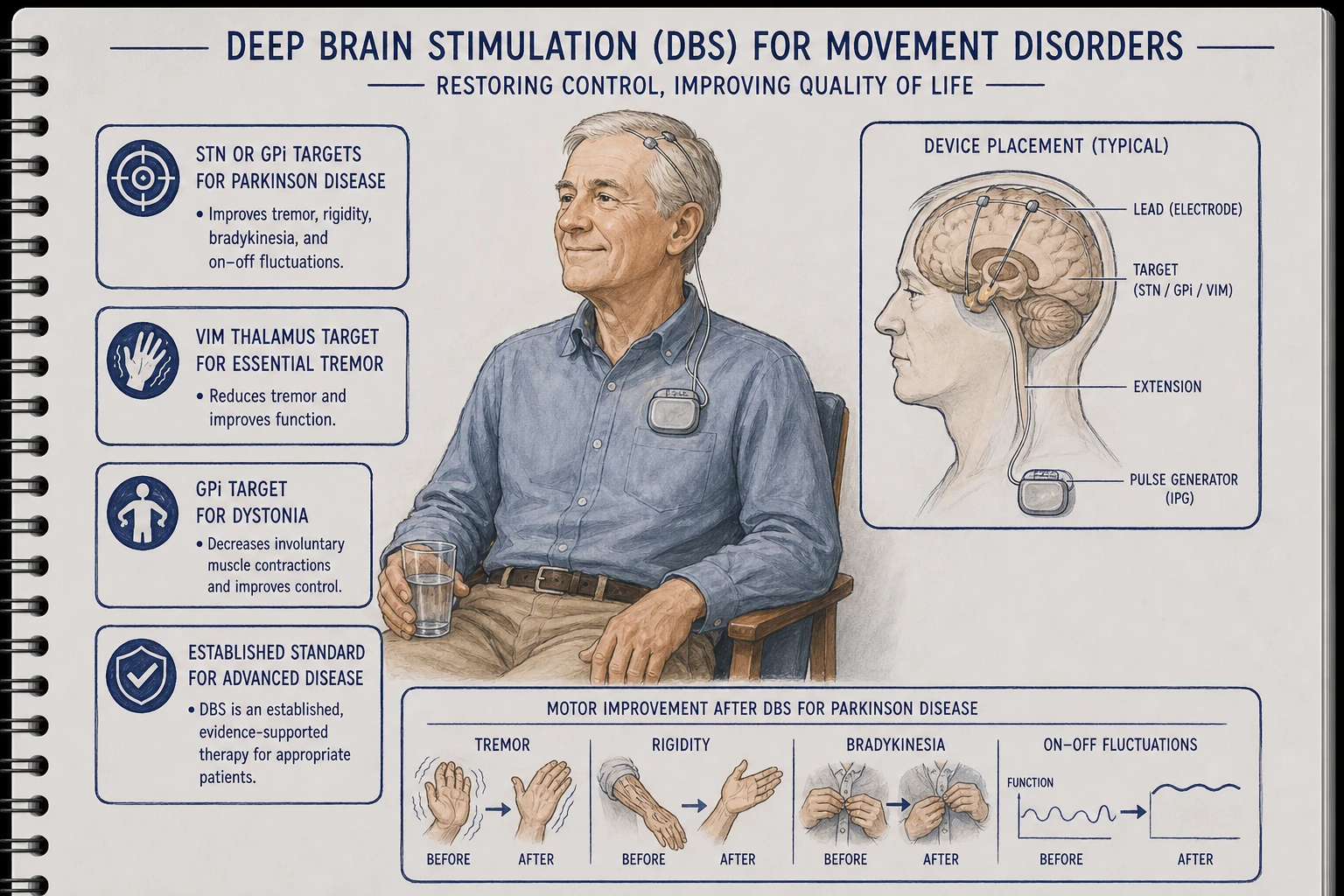 DBS for movement disorders: dramatic improvement in Parkinson's motor symptoms (especially tremor, rigidity, bradykinesia, on-off fluctuations), essential tremor, dystonia. Established standard for advanced disease.