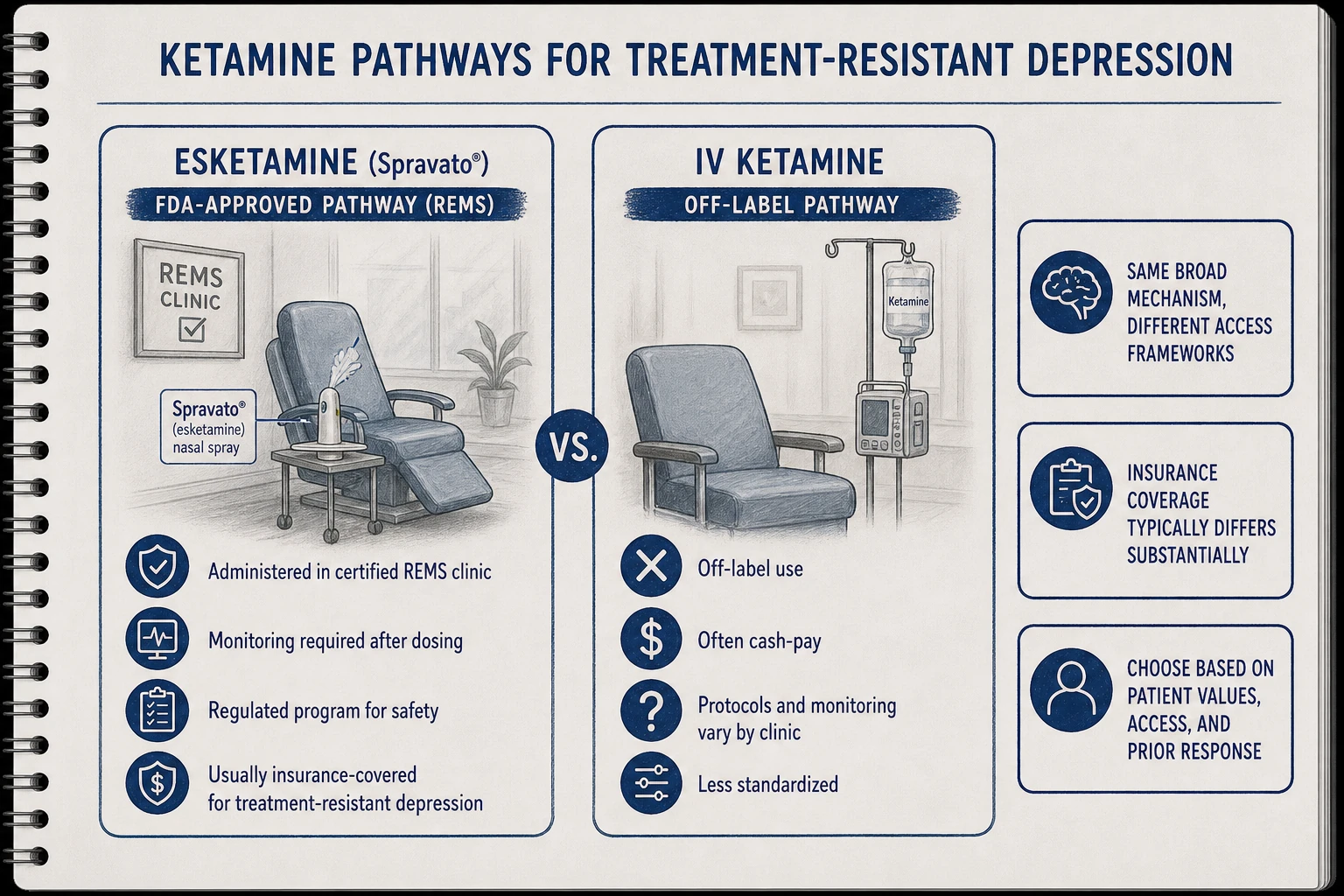 Two pathways: esketamine (Spravato) — FDA-approved, REMS clinic, insurance-covered for TRD; IV ketamine — off-label, often cash-pay, less standardized. Same underlying mechanism, different regulatory and access frameworks.