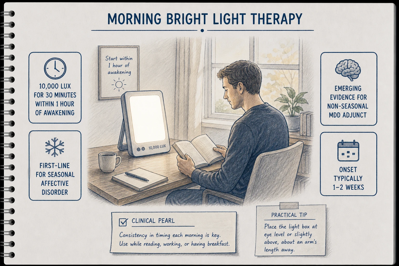 Bright light therapy: 10,000 lux for 30 minutes within 1 hour of awakening. Activates retinal melanopsin → SCN → circadian entrainment + antidepressant effect. Established first-line for SAD.