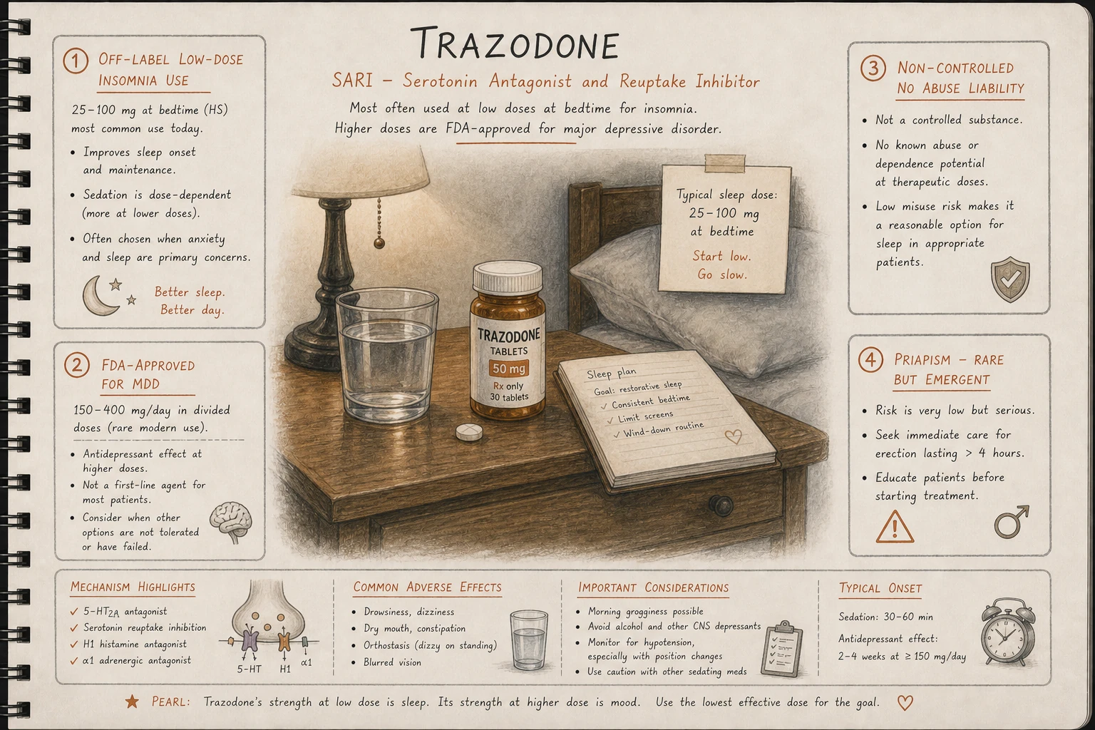 Trazodone today: primarily an off-label sleep aid at 25-100 mg. Original FDA approval was for depression at higher doses, but sedation makes daytime dosing impractical.
