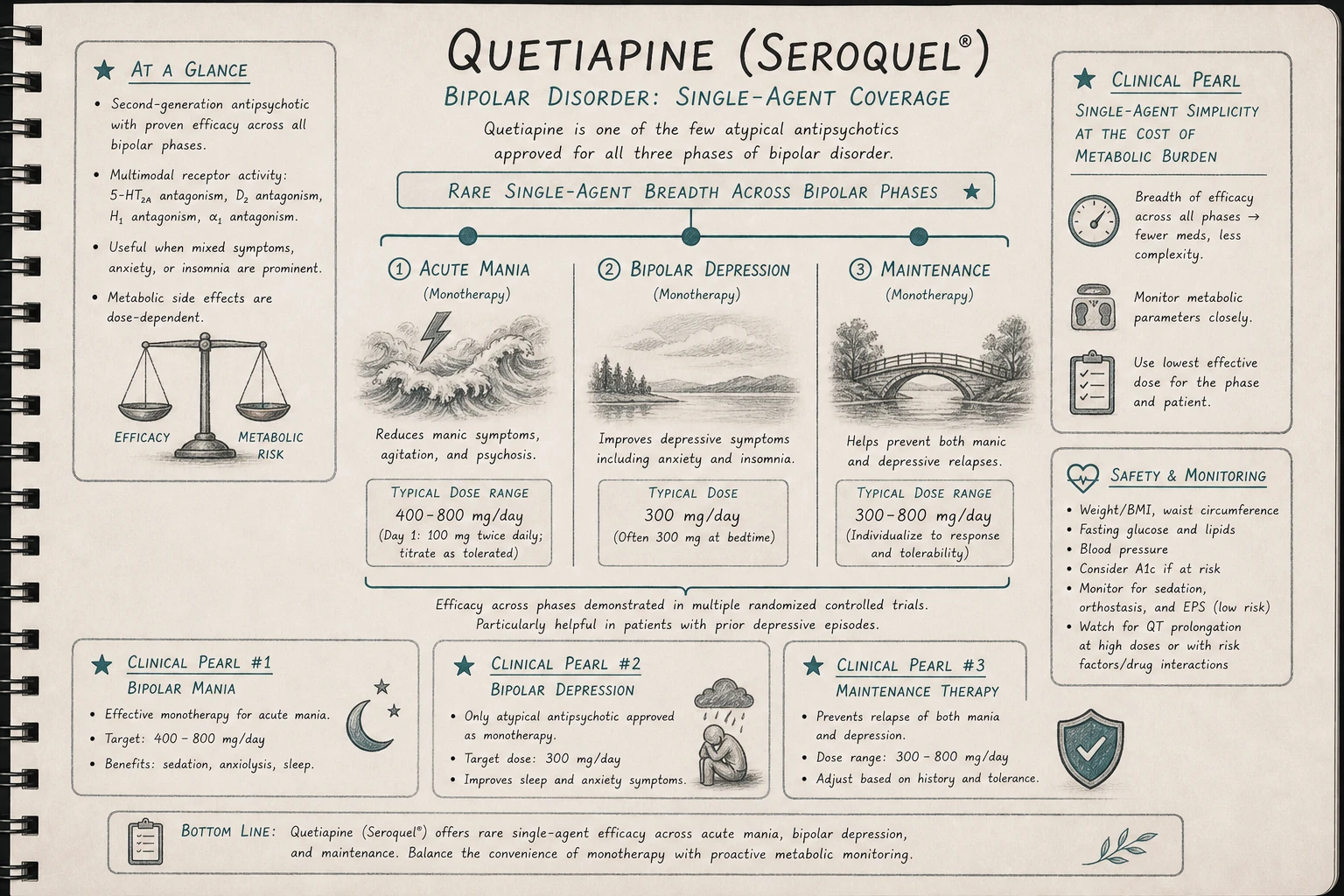 Quetiapine's breadth: FDA-approved across all phases of bipolar disorder — acute mania, bipolar depression, maintenance. Rare among any single agent in mood disorder treatment.