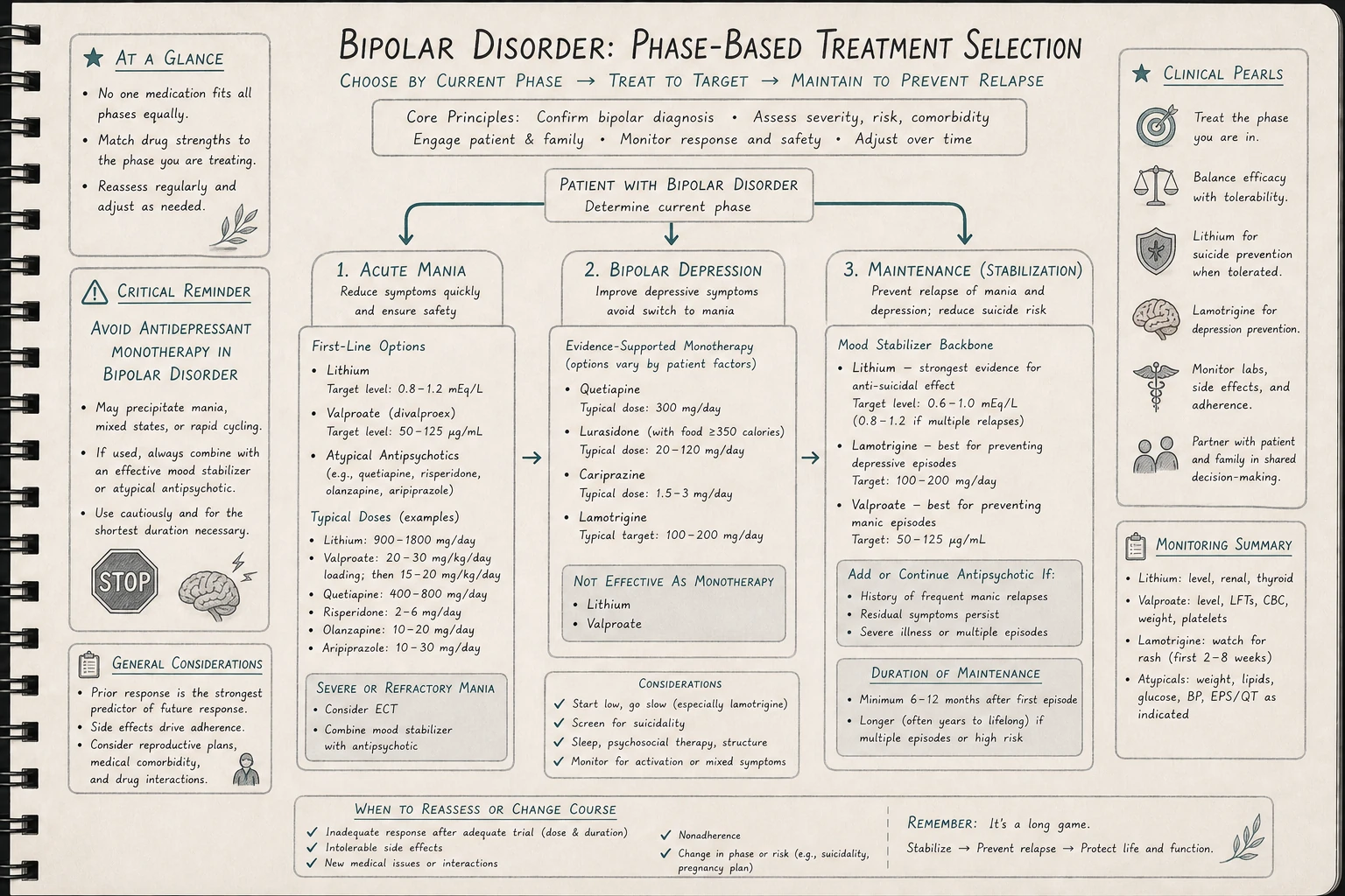 Selection by phase: acute mania (lithium, valproate, antipsychotics — fast); bipolar depression (quetiapine, lurasidone, cariprazine, lamotrigine); maintenance (lithium for anti-suicidal, lamotrigine for depression prophylaxis, others case-by-case).
