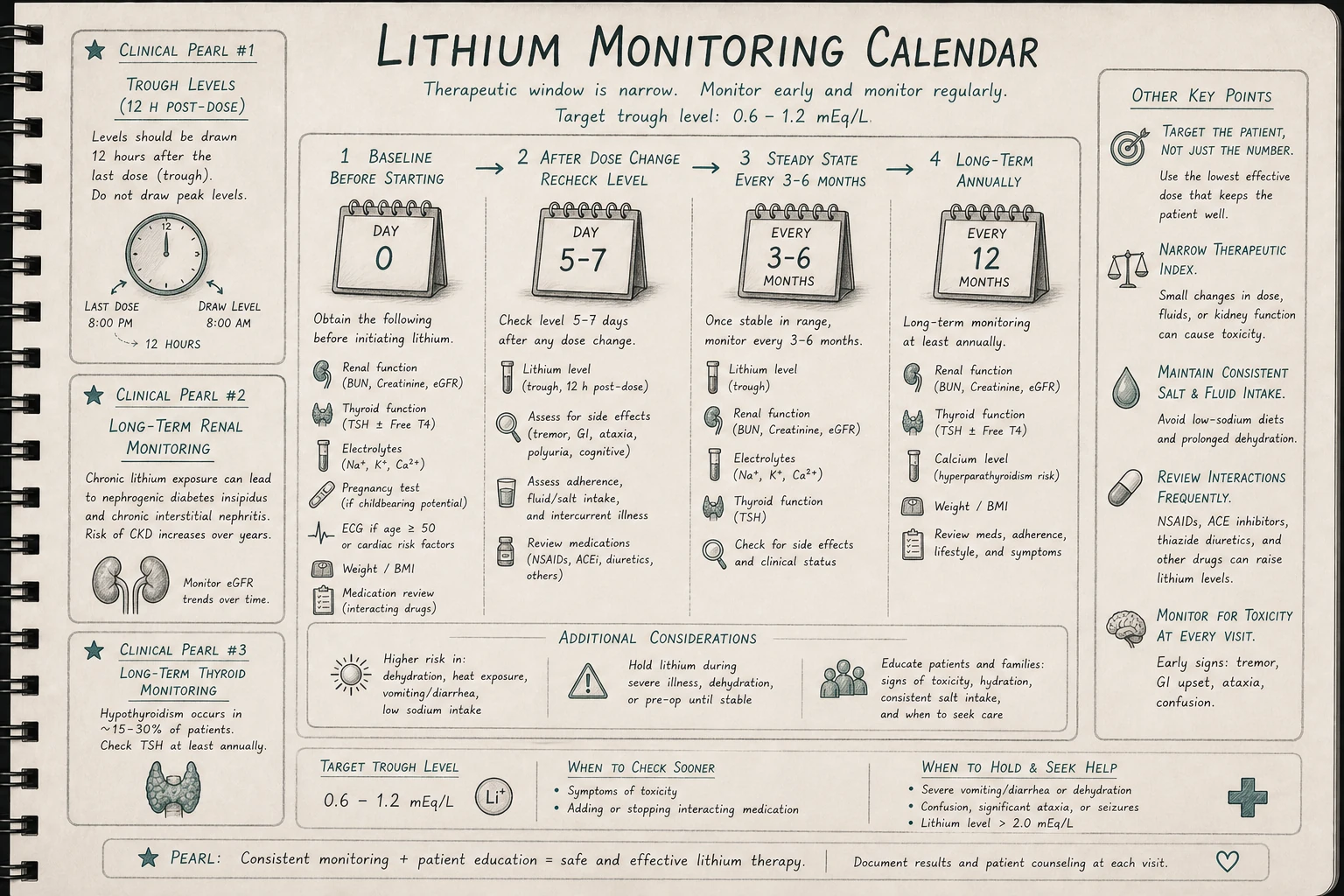 Lithium: baseline and annual renal function (BUN/Cr, GFR), thyroid (TSH), electrolytes, pregnancy test. Lithium level 5-7 days after dose change; every 3-6 months at steady state. Trough levels (~12 hours post-dose).