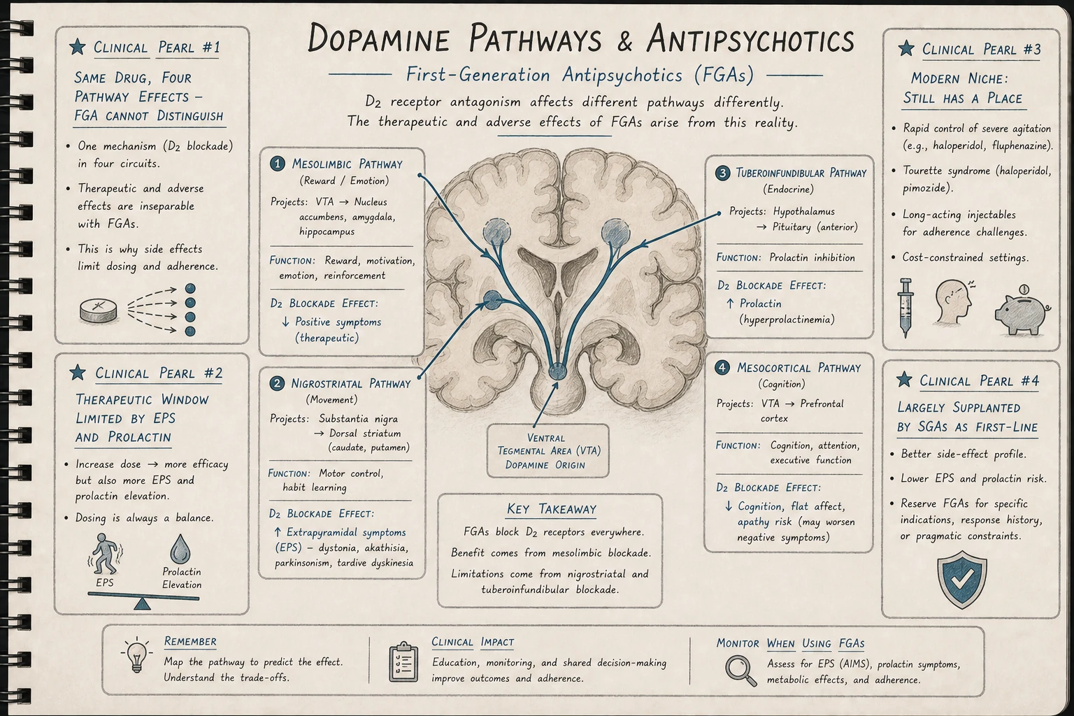 The FGA mechanism: pure D2 antagonism blocks mesolimbic dopamine (treats positive symptoms) but also blocks nigrostriatal D2 (causes EPS) and tuberoinfundibular D2 (raises prolactin). One mechanism, three consequences.